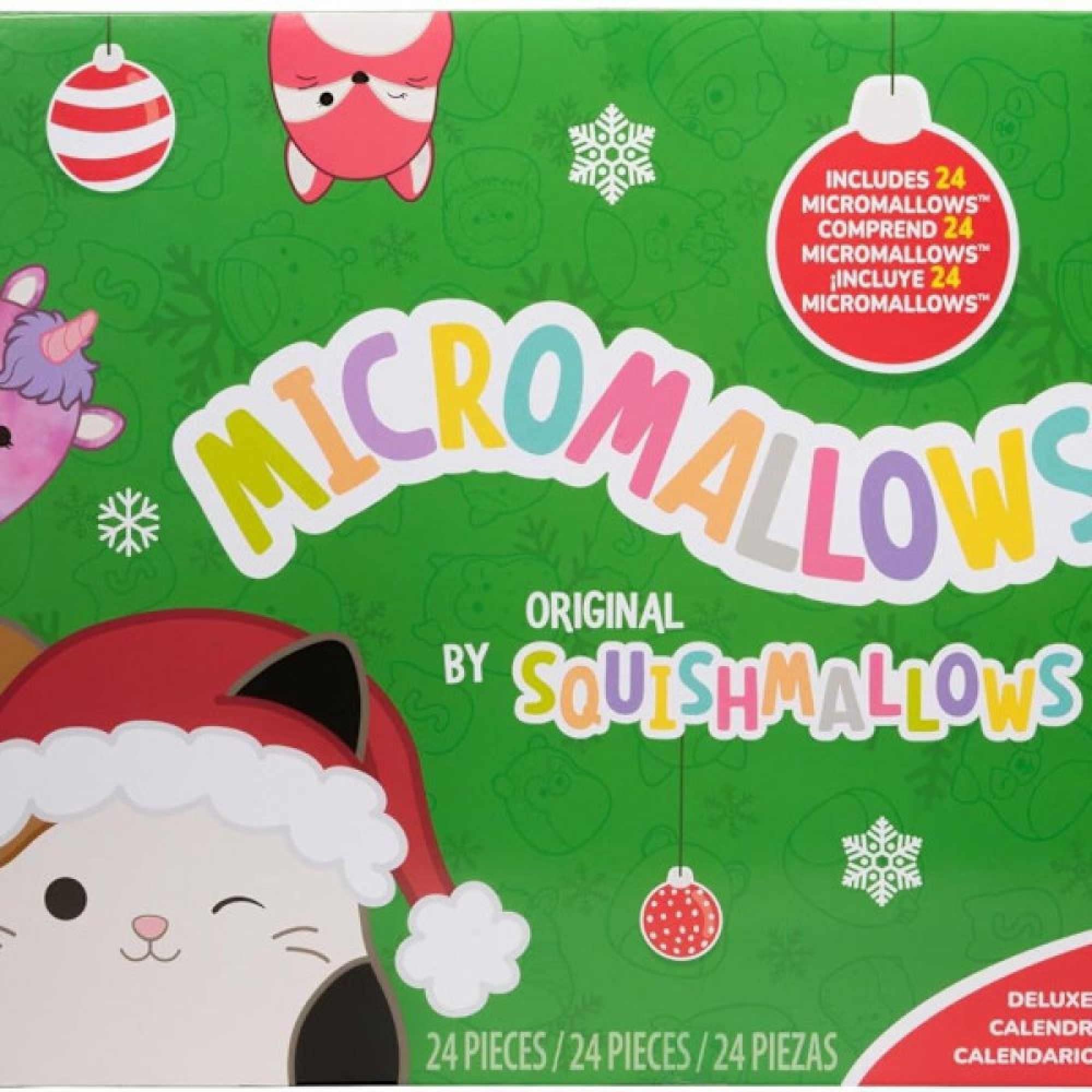 Grüne Mikromallows Adventskalenderverpackung mit bunten Schriftzügen und weihnachtlichen Figuren.