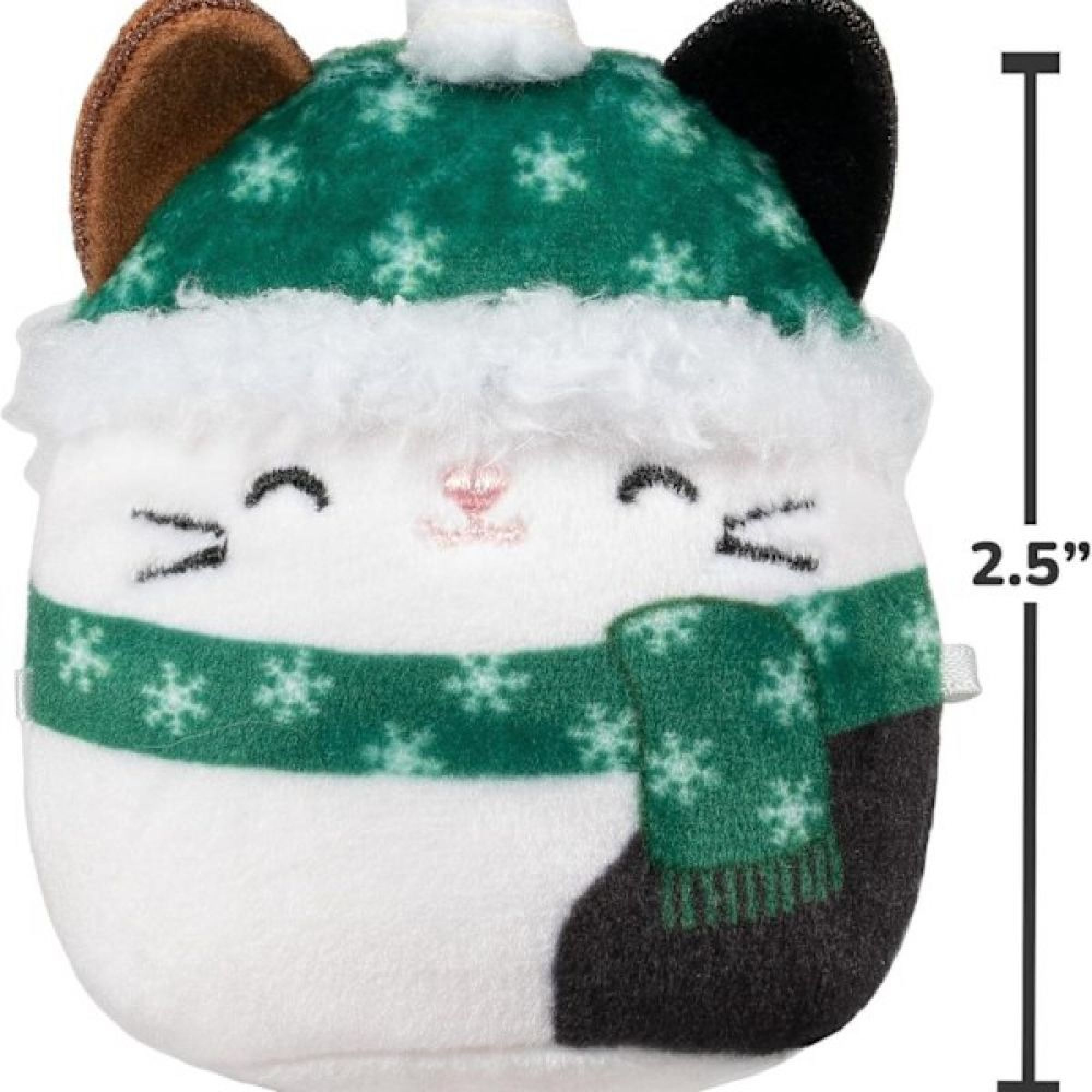Ein kleiner Plüschkater mit Weihnachtsmütze und Schal zeigt eine Größe von 2,5 Zoll.