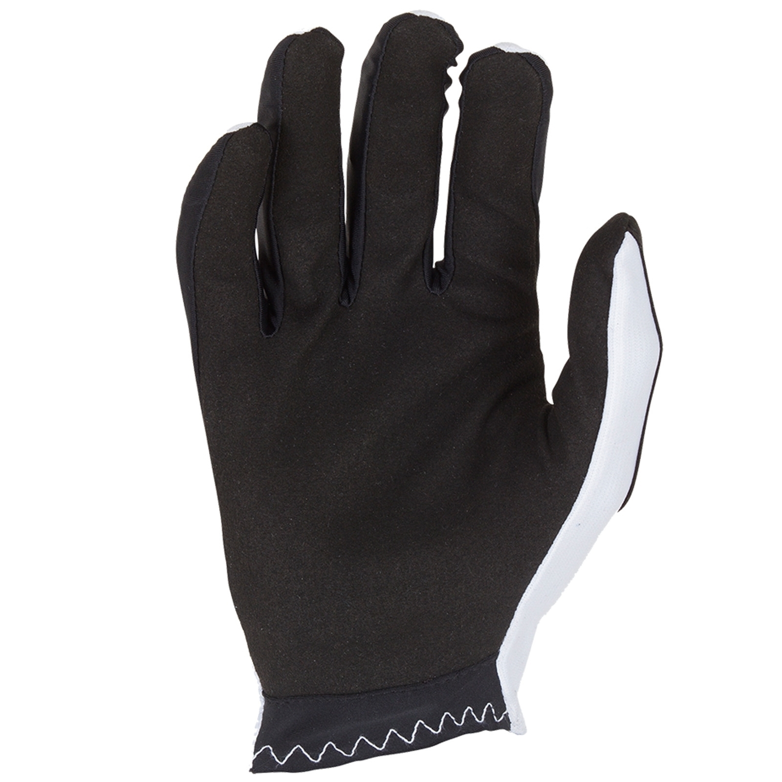 Ein schwarzer Sport Handschuh mit weißen Akzenten auf weißem Hintergrund.