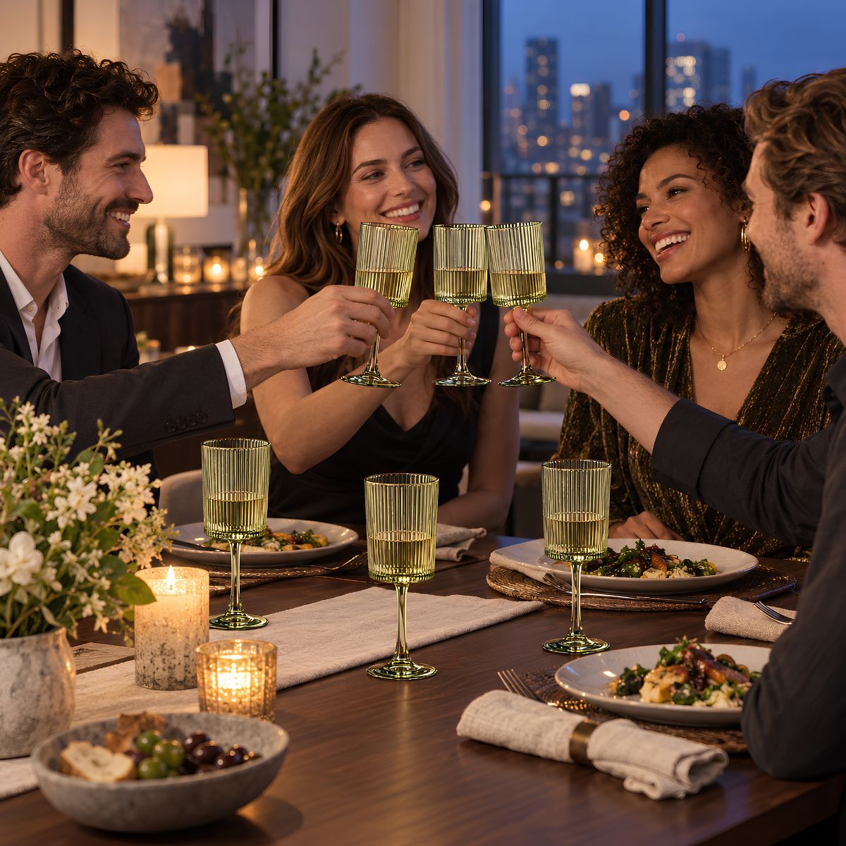 Vier Freunde stoßen bei einem abendlichen Essen mit grünen Gläsern an, im Hintergrund glitzert die Skyline.