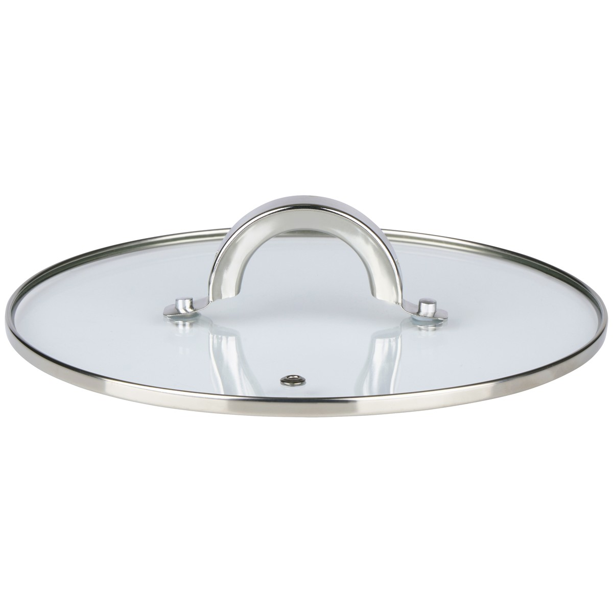 Runder Glasdeckel mit silbernem Metallrand und einem Metallgriff auf einer weißen Oberfläche.