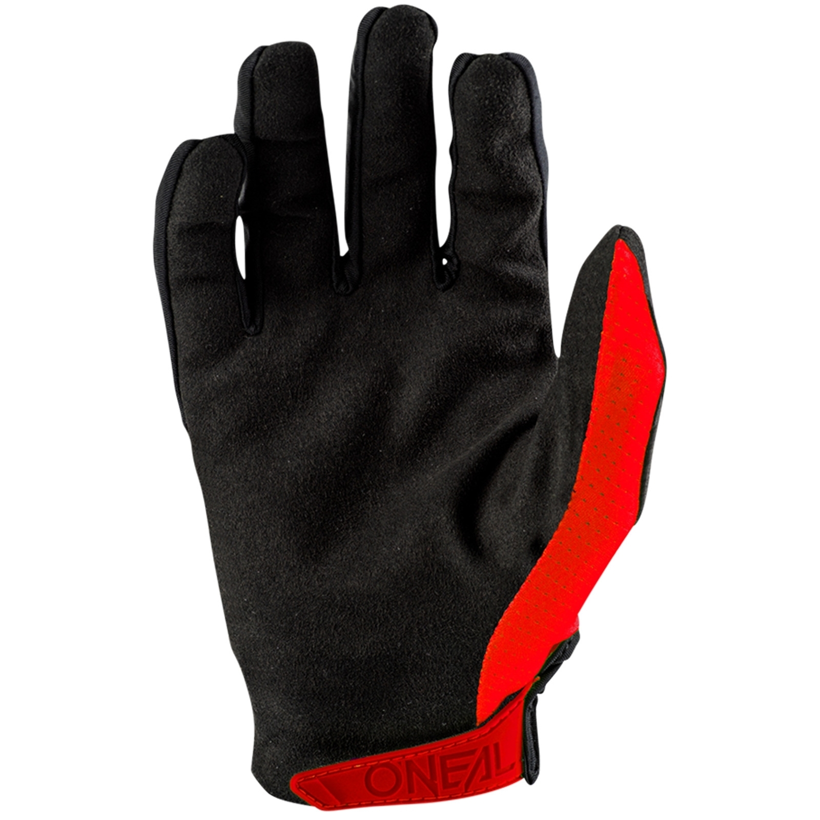 Schwarzer Sporthandel-Handschuh mit roten Akzenten und O'Neal-Logo am Handgelenk auf weißem Hintergrund.