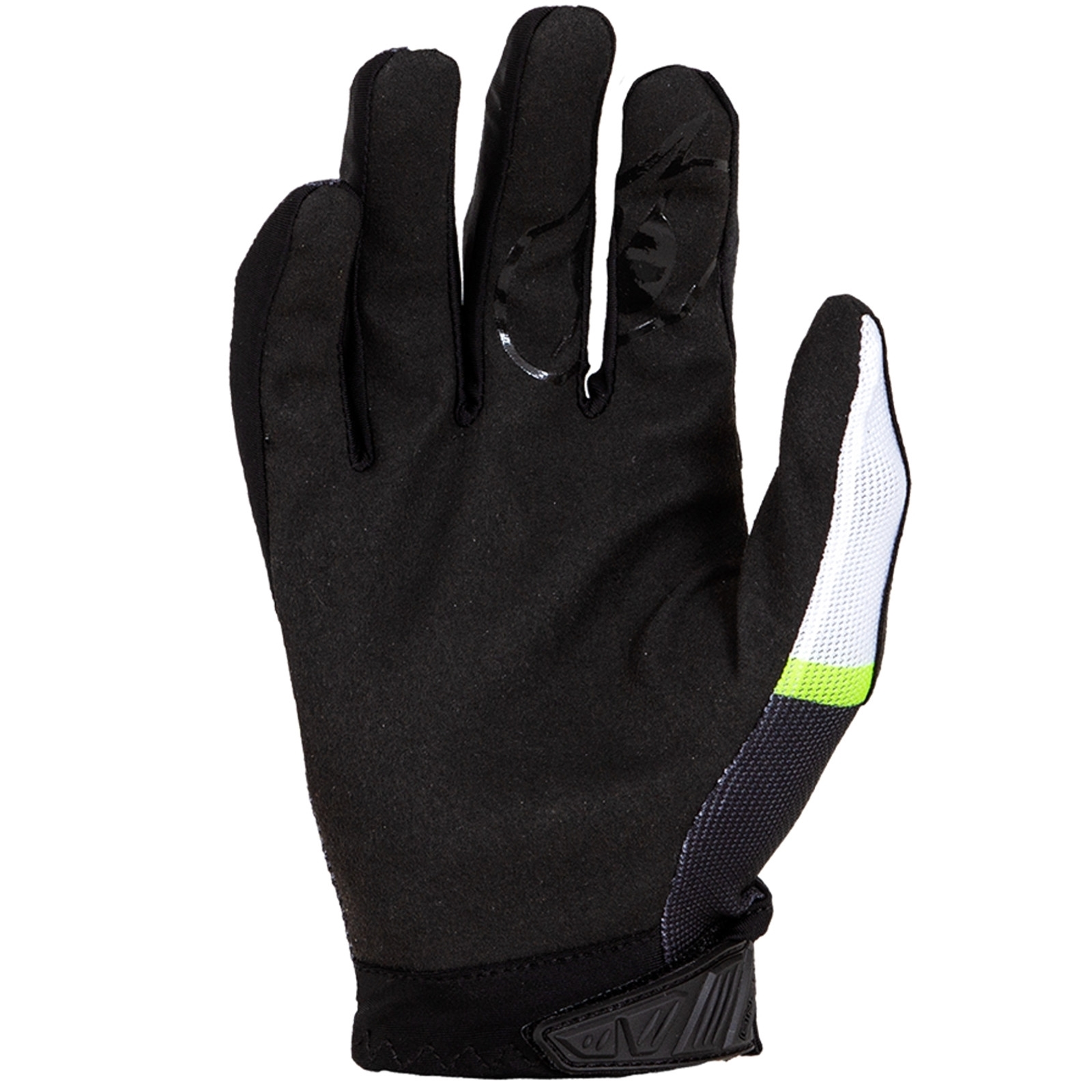Ein schwarzer Sporthandschuh mit weißen und neongrünen Akzenten an der Seite und schwarzem Verschluss.