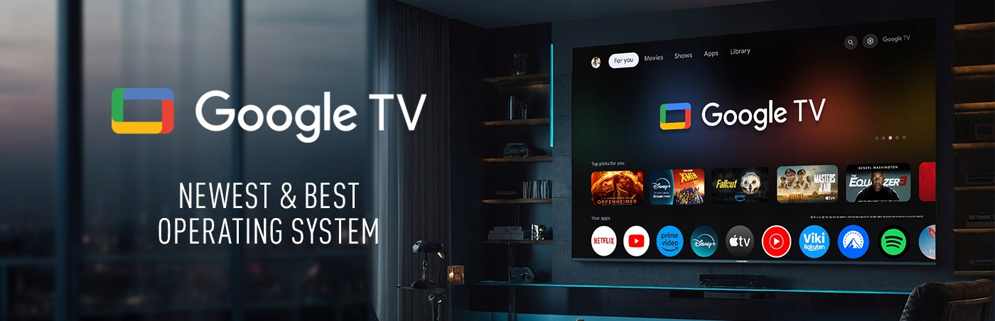 Duży ekran Google TV wyświetla interfejs systemu operacyjnego w ciemnym salonie.