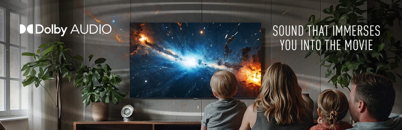 Rodzina ogląda telewizor Dolby Audio z kosmiczną eksplozją, w otoczeniu roślin doniczkowych w pokoju.