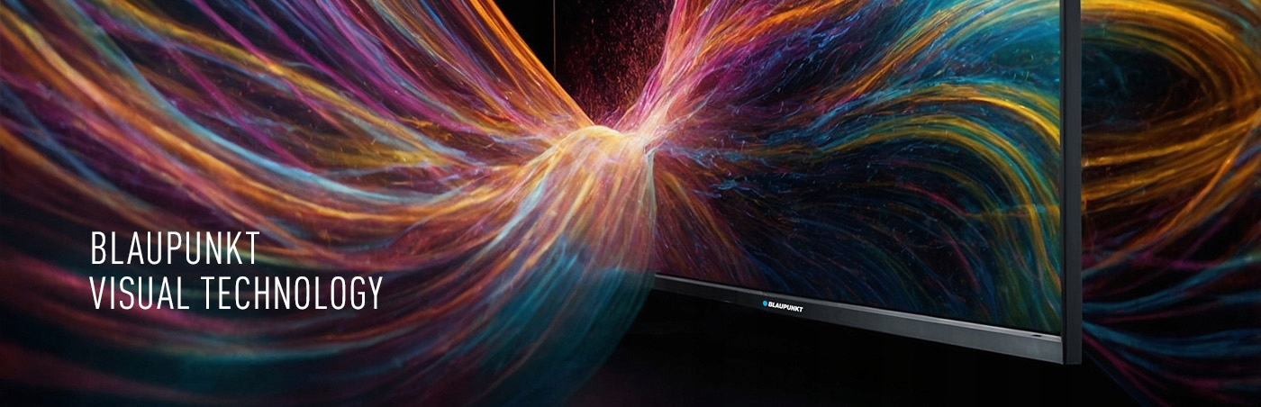 Un televisor Blaupunkt muestra patrones de luz abstractos y coloridos que fluyen fuera de la pantalla.
