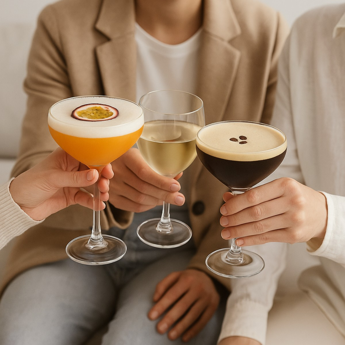 Drei Personen halten Cocktails und Weißwein, darunter ein Maracuja-Cocktail und ein Espresso Martini.