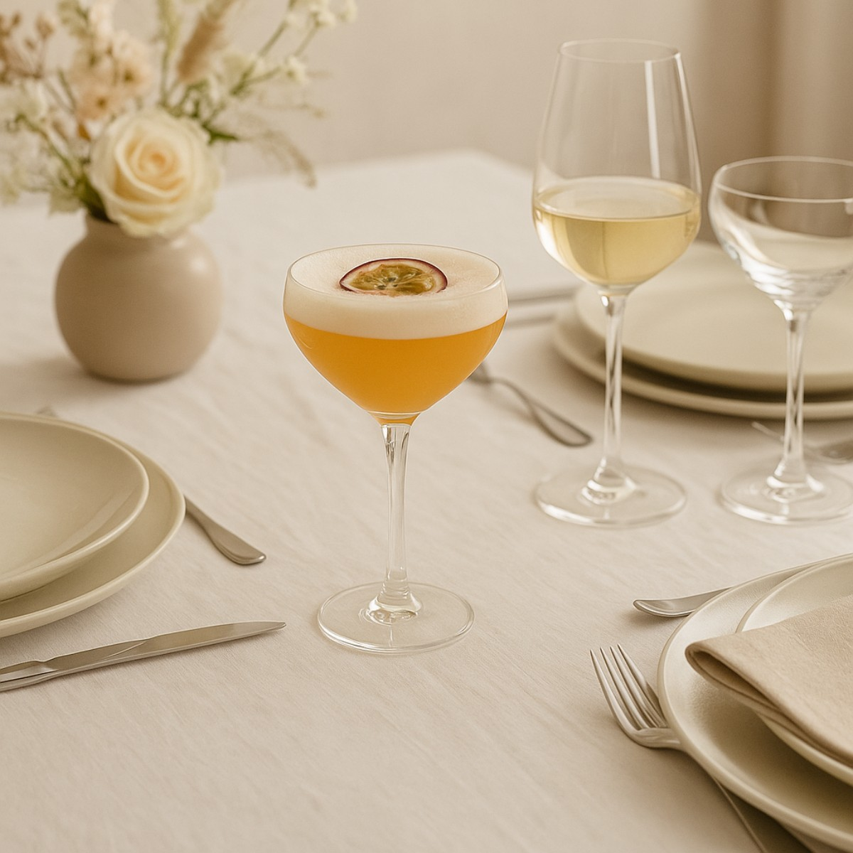 Ein gelber Cocktail mit Passionsfrucht-Garnitur auf einem gedeckten Tisch mit Geschirr und Blumen.