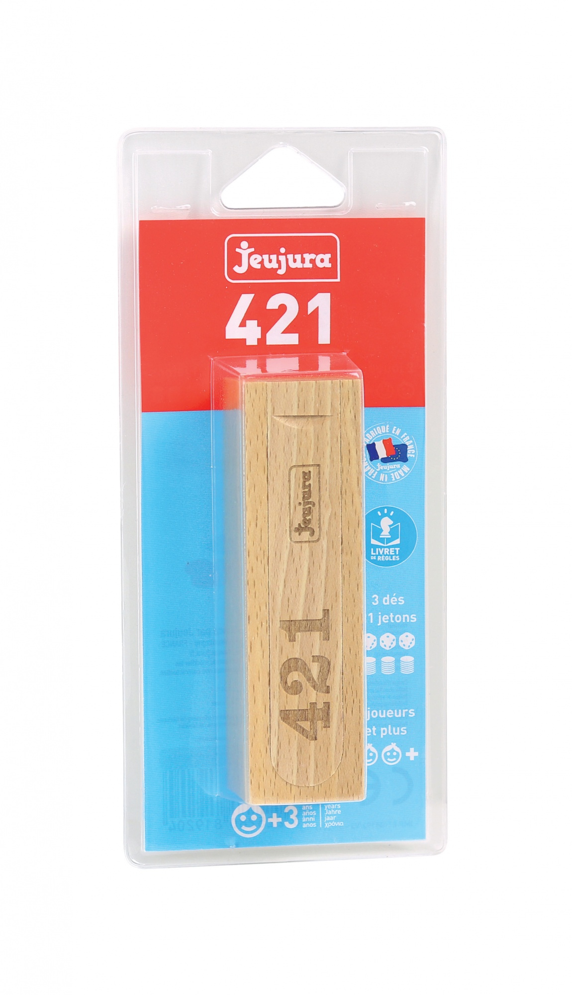 Verpacktes Jeujura 421 Holzspiel mit dem Aufdruck 421 und Markenlogos auf rot-blauem Hintergrund.