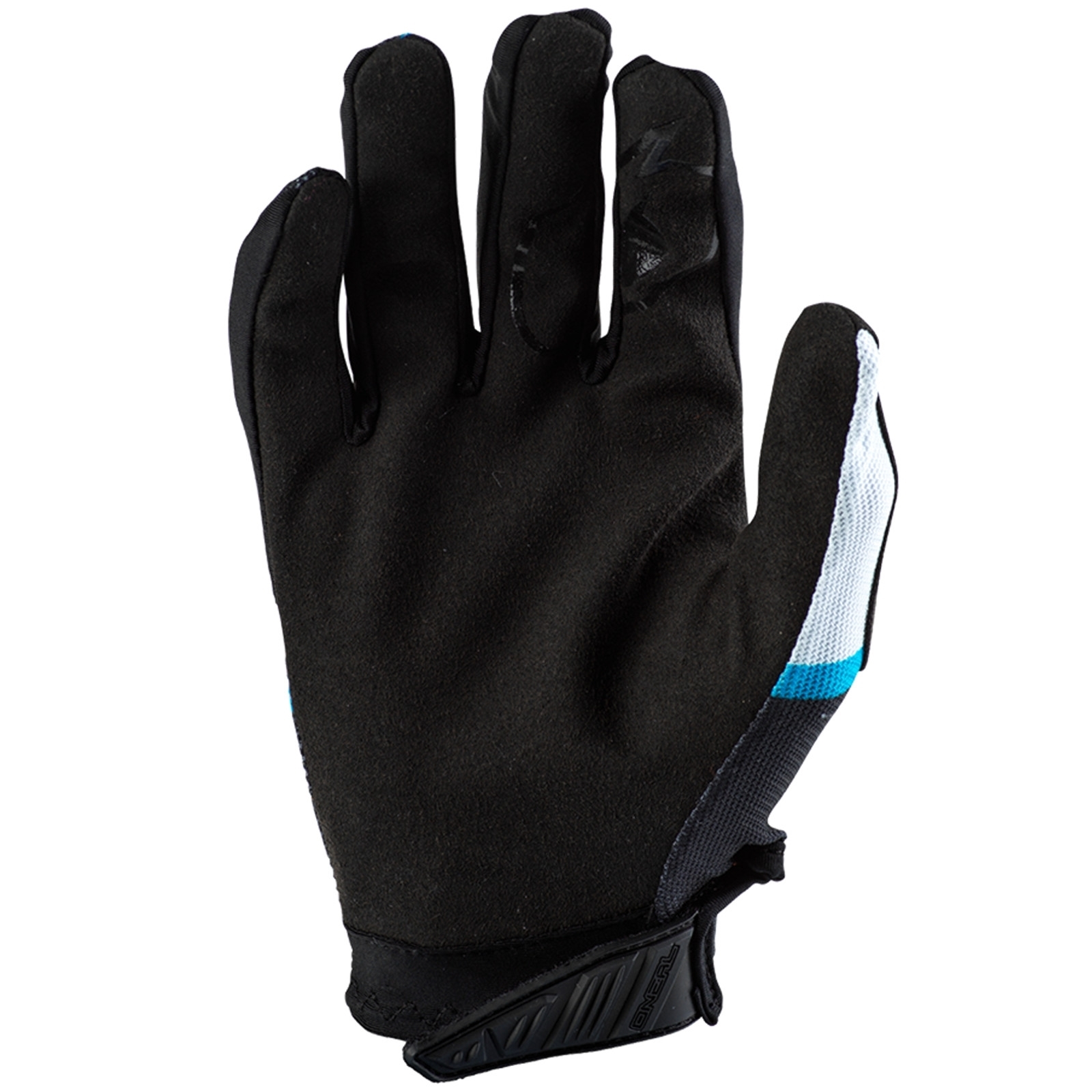Ein schwarzer Sportlerhandschuh mit weißen und blauen Akzenten auf weißem Hintergrund.