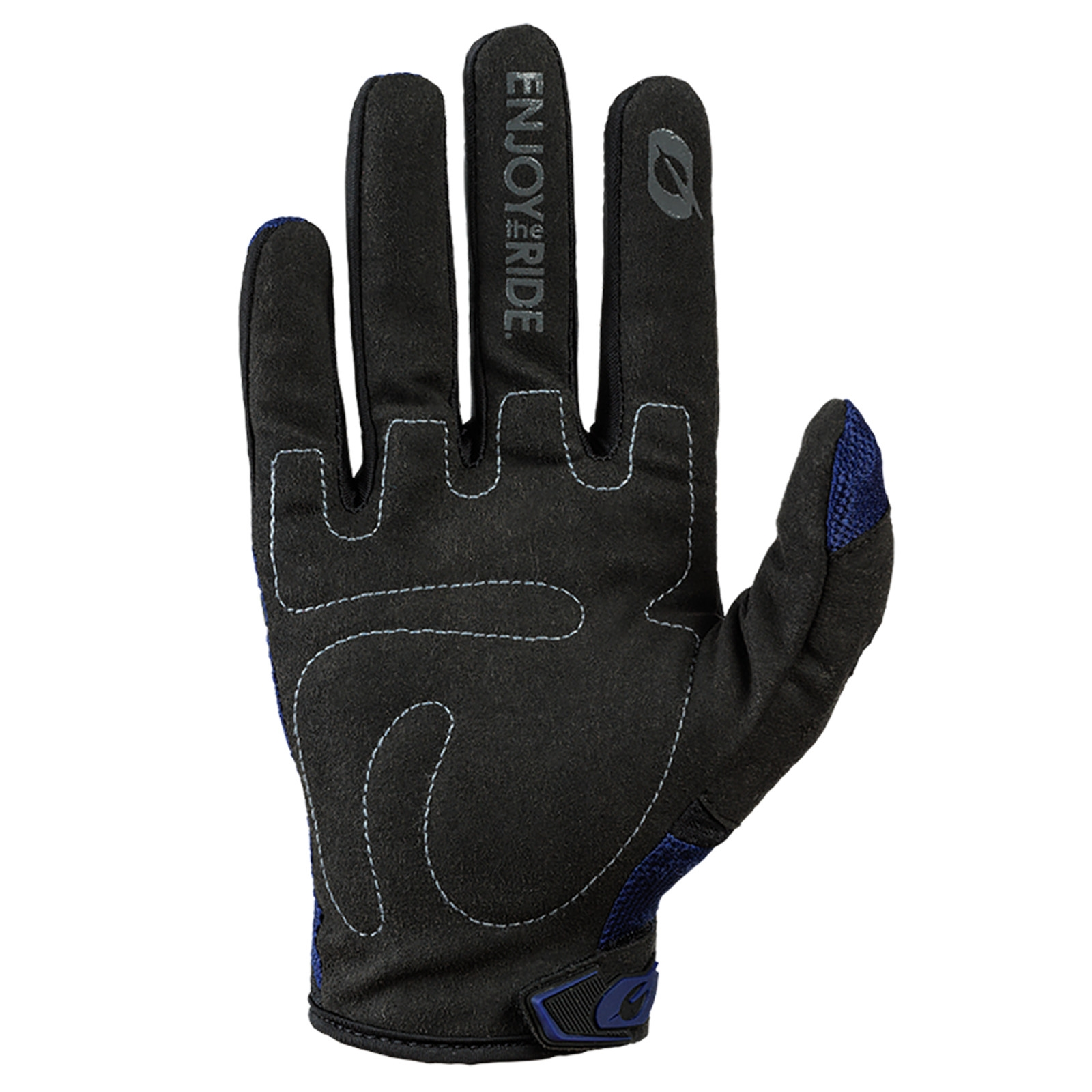 Schwarzer Radhandschuh mit blauen Akzenten, grauer Naht und dem Schriftzug ENJOY THE RIDE auf dem Mittelfinger.