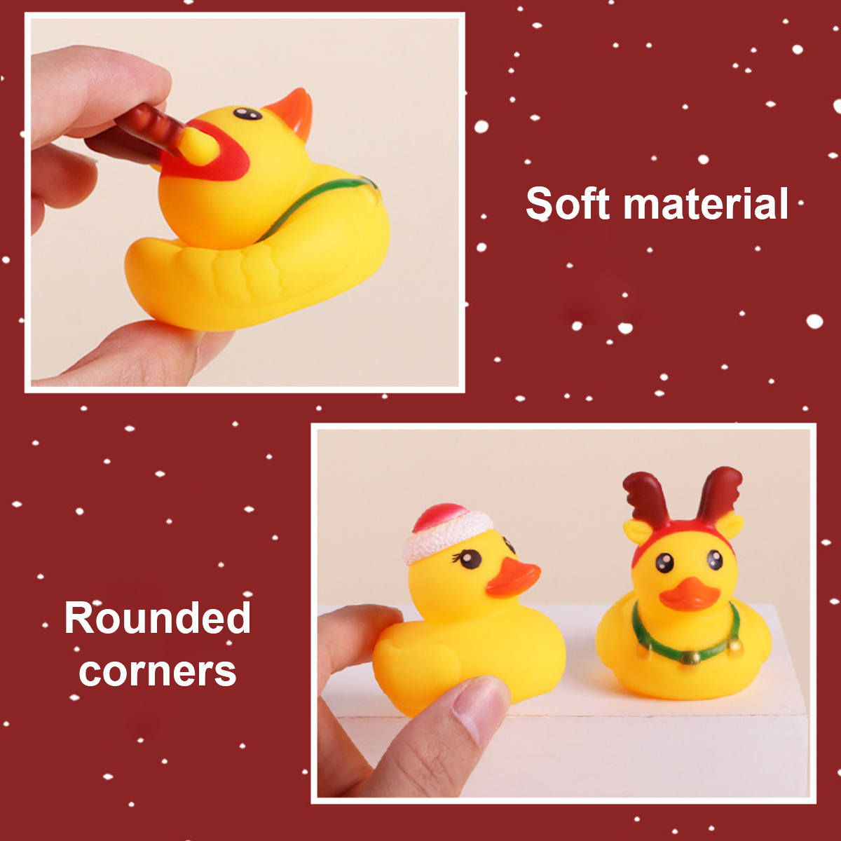 Finger drücken gelbe Gummienten mit Weihnachtsmützen und zeigen weiches Material und abgerundete Ecken.