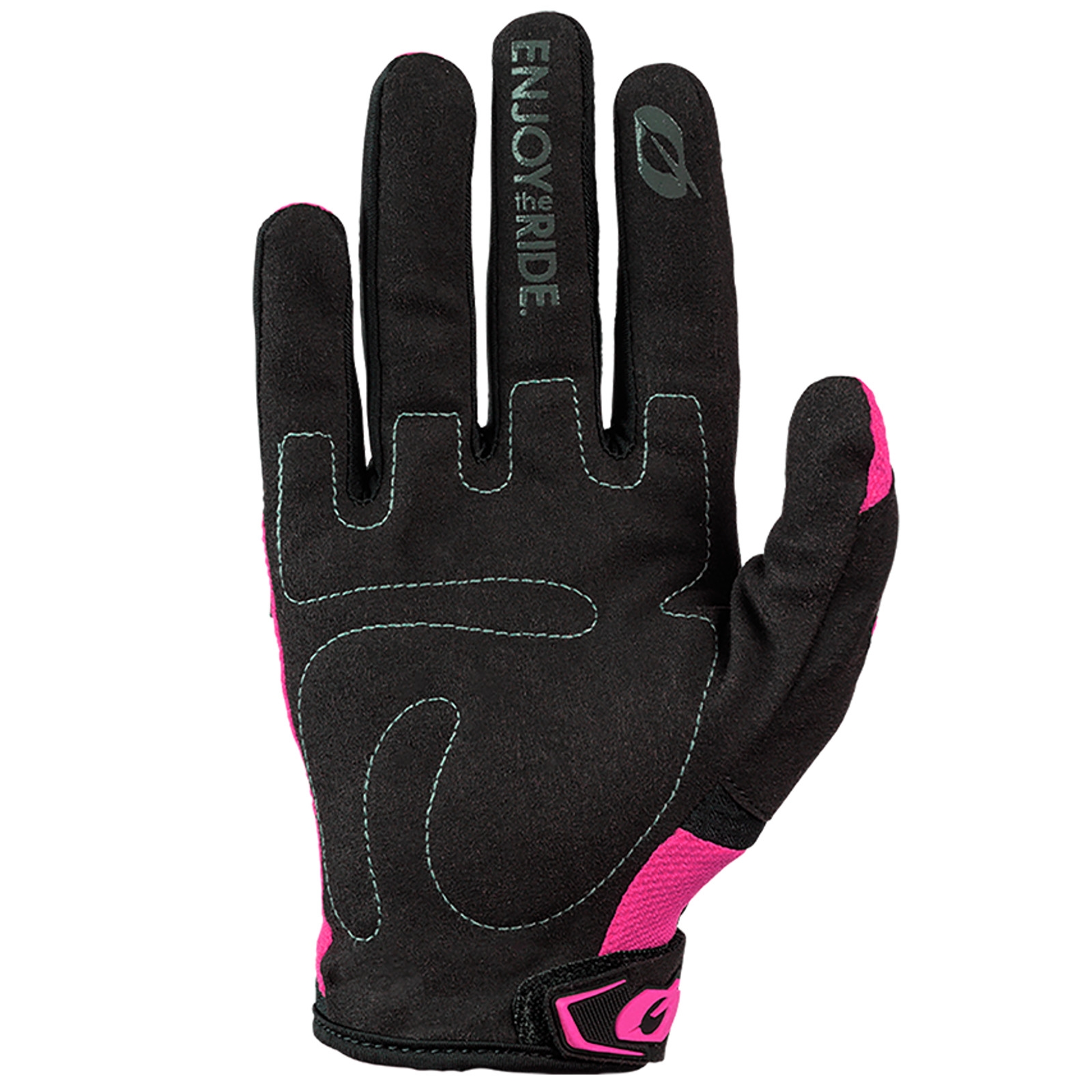 Ein schwarzer Reithandschuh mit rosa Akzenten und türkisen Nähten trägt den Aufdruck ENJOY THE RIDE auf dem Mittelfinger.