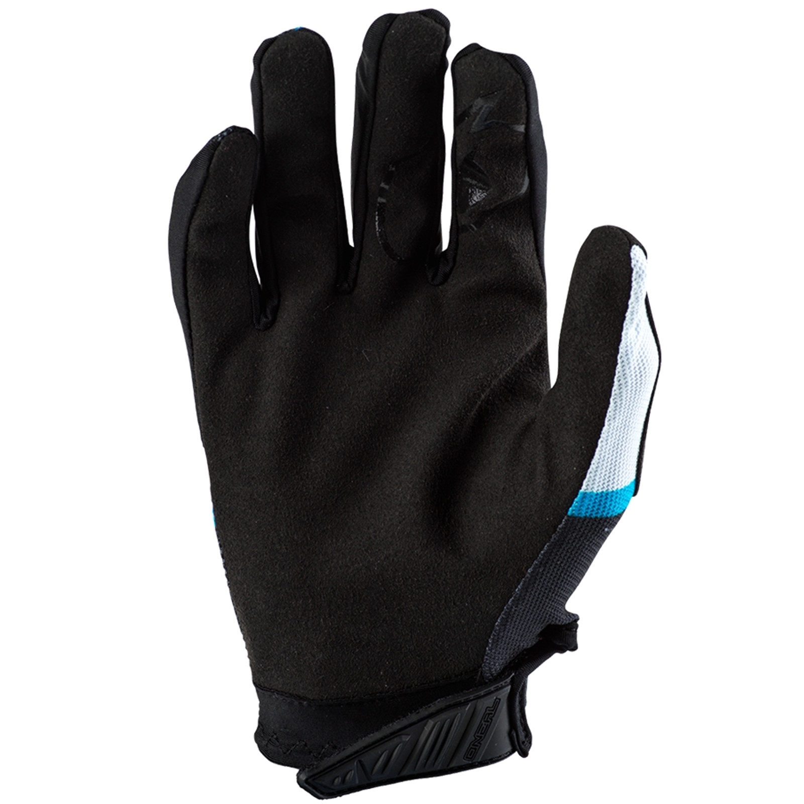 Ein schwarzer Sporthandschuh mit blauen und weißen Akzenten auf weißem Hintergrund.