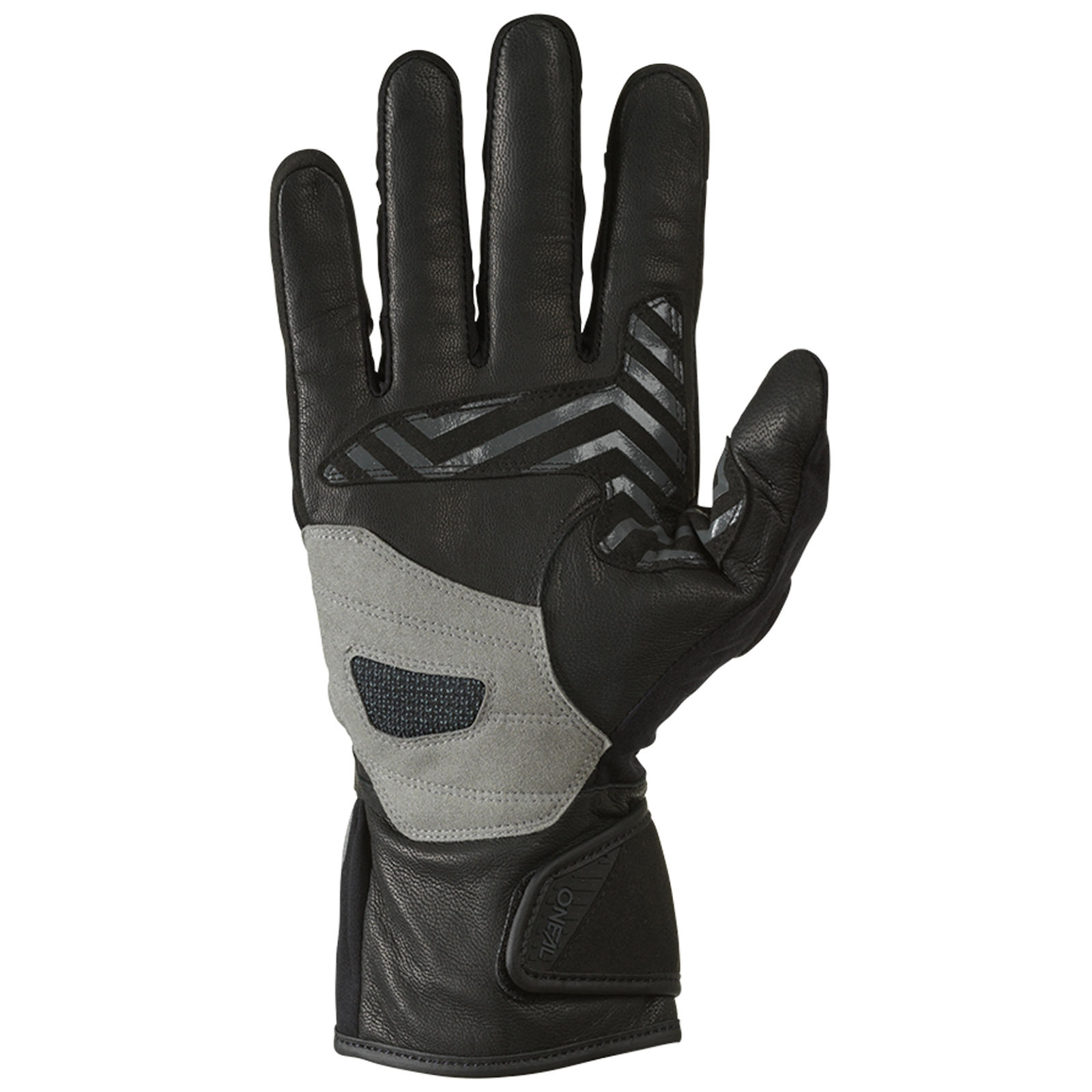 Ein schwarzer Motorradhandschuh mit grauen Akzenten und Klettverschluss am Handgelenk.