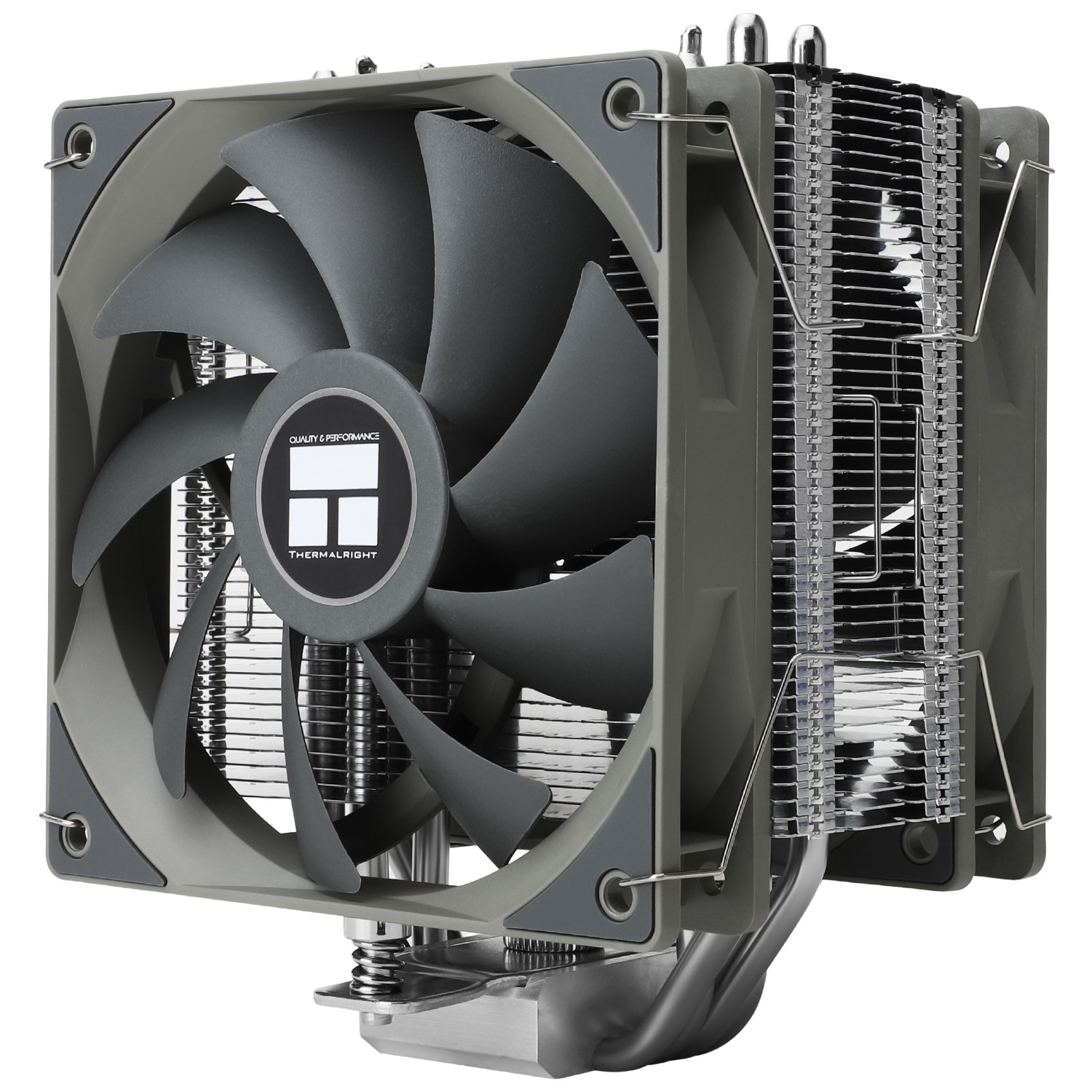 Dual-Turm-CPU-Kühler mit grauen Lüftern und Metallkühlrippen auf einem Montagesockel.
