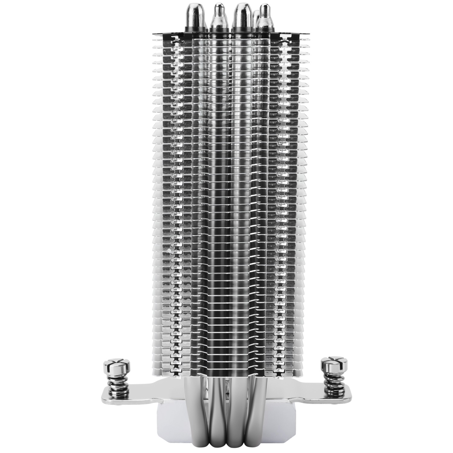 Silberner CPU-Kühler mit zahlreichen Kühlrippen und vier Heatpipes auf weißem Hintergrund.