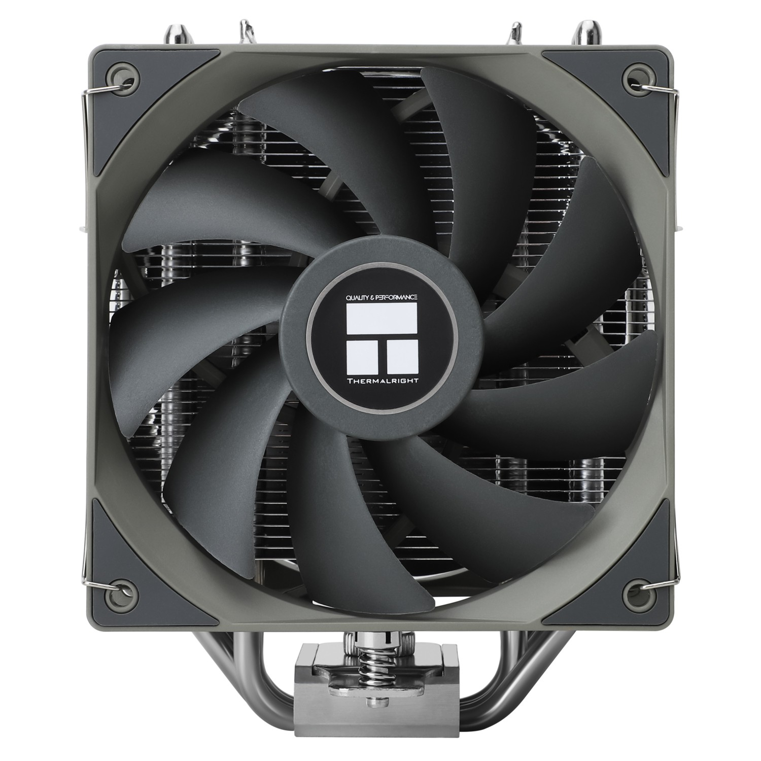 Grauer CPU-Lüfter mit schwarzen Lamellen und Thermalright-Logo.
