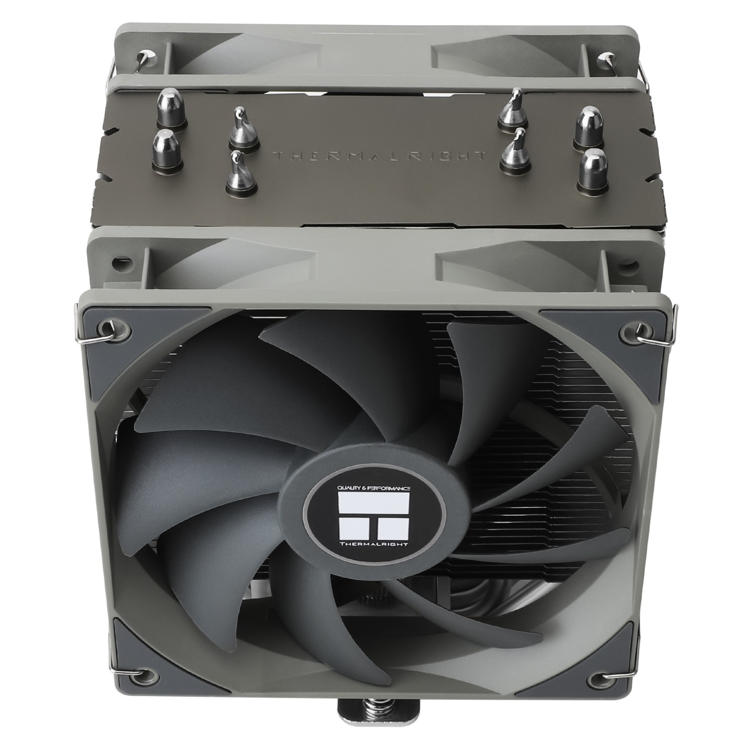 Grauer Thermalright CPU-Kühler mit zwei Lüftern und sichtbaren Heatpipes auf weißem Hintergrund.