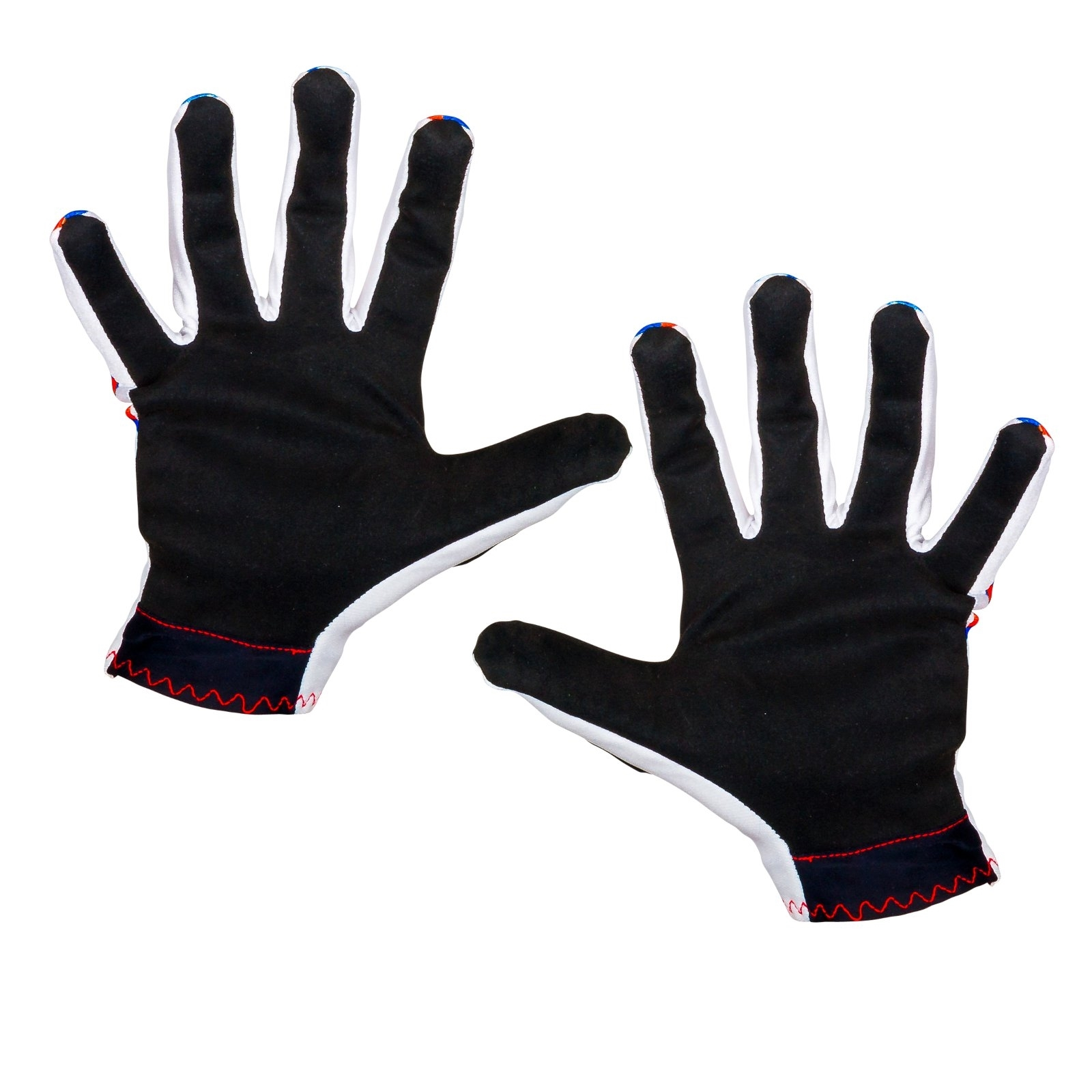Zwei schwarz-weiße Handschuhe mit roten Ziernähten an den Bündchen und blauen Akzenten an den Fingerspitzen.