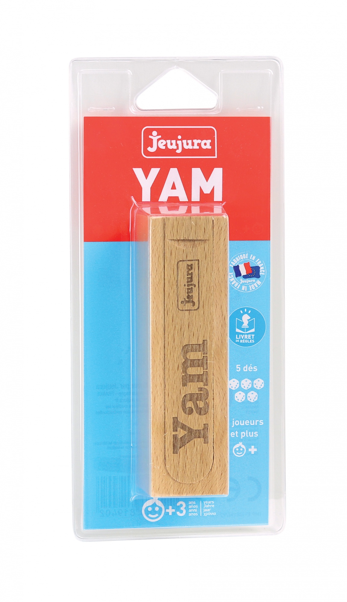 Verpacktes Jeujura Yam Holzspiel mit Würfeln in rot und blau.