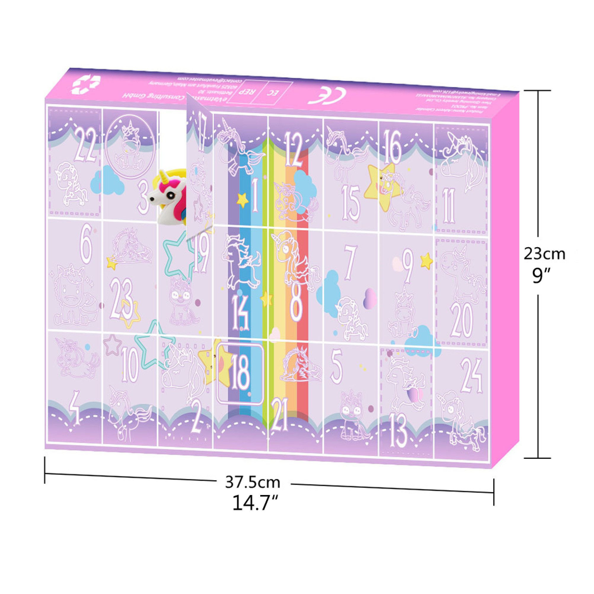 Rosa Adventskalender mit Einhorn-Motiven, Regenbogen und Maßen von 37.5x23 cm.