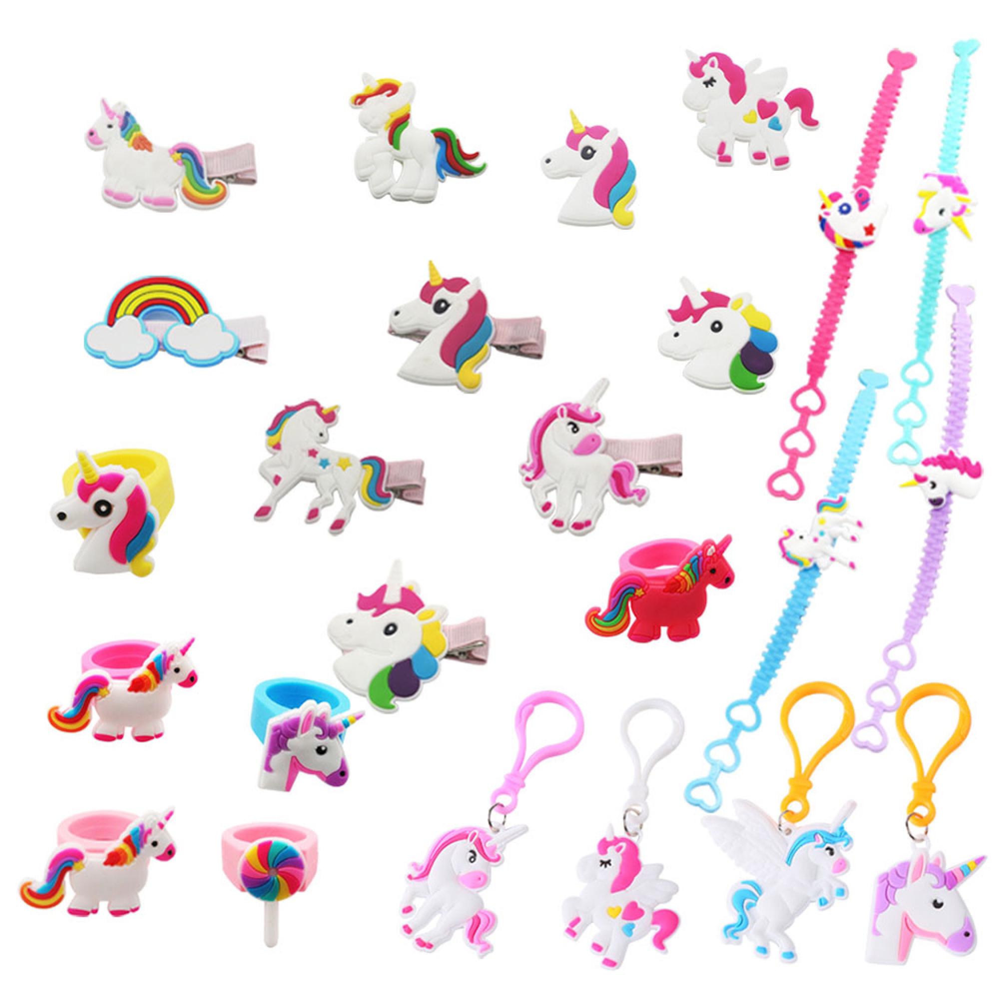 Bunte Einhorn-Accessoires wie Haarspangen, Ringe, Armbänder und Schlüsselanhänger auf weißem Hintergrund.