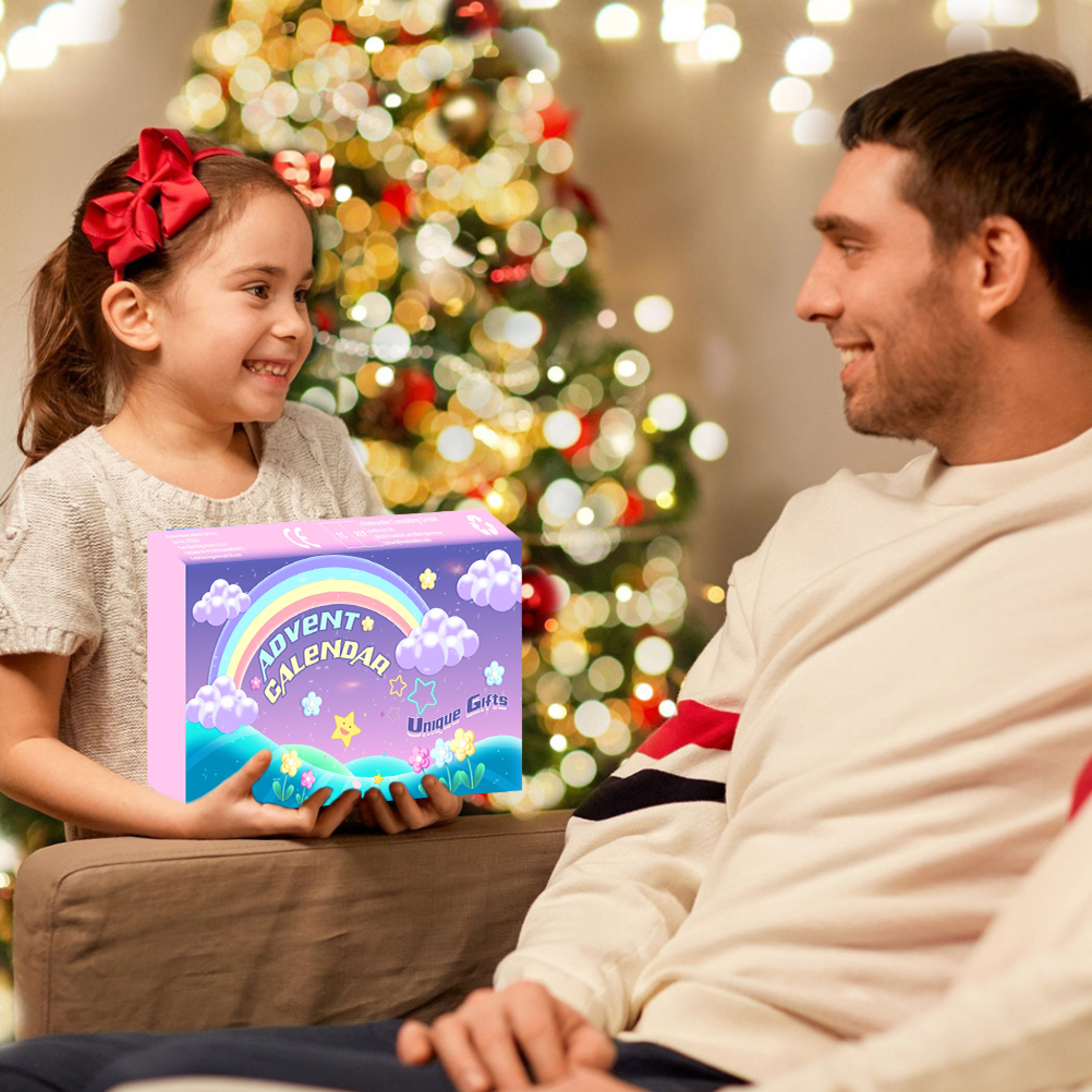 Ein lächelndes Mädchen schenkt einem Mann vor einem Weihnachtsbaum einen Adventskalender.