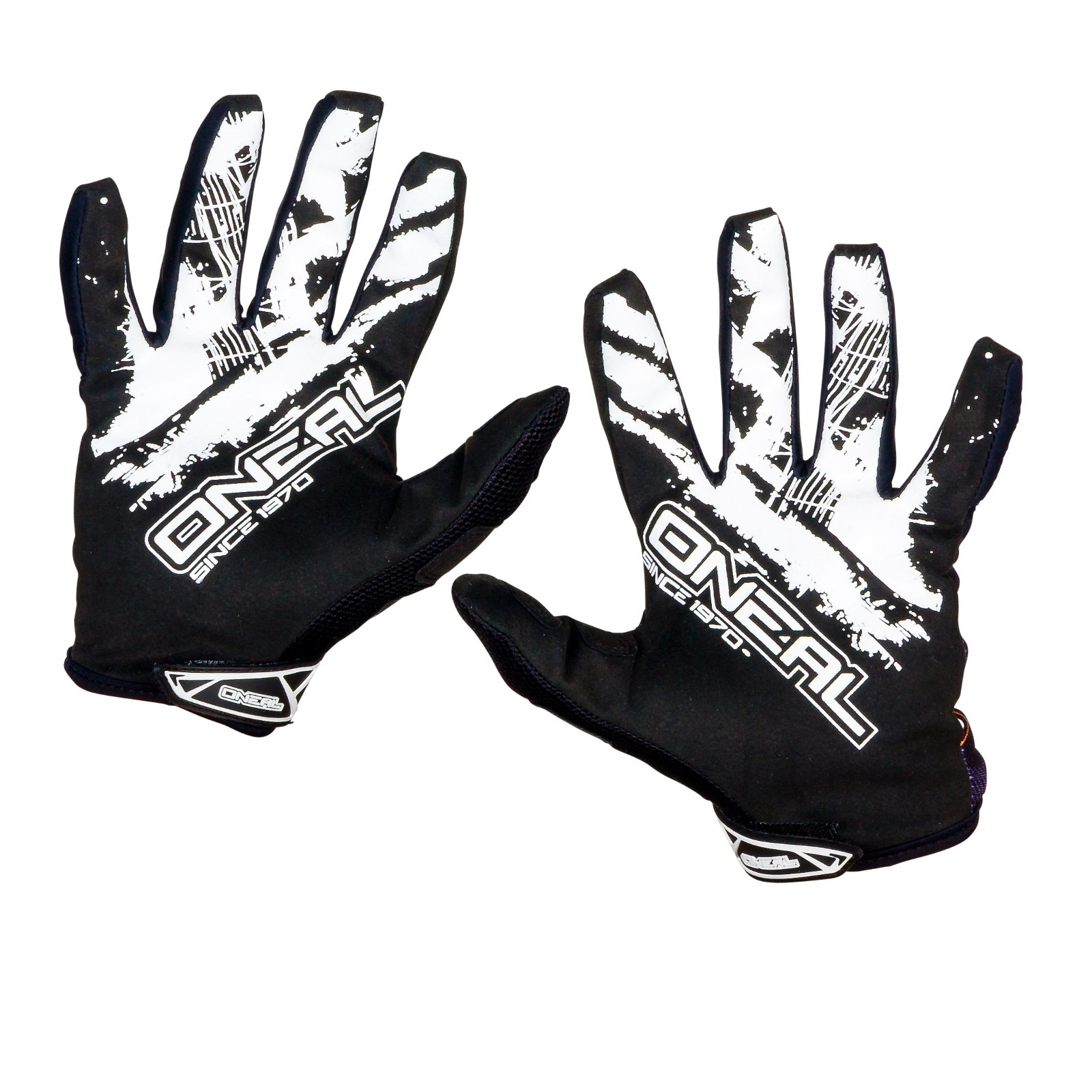 Paar schwarze O'Neal Handschuhe mit weißem Muster und Logo.