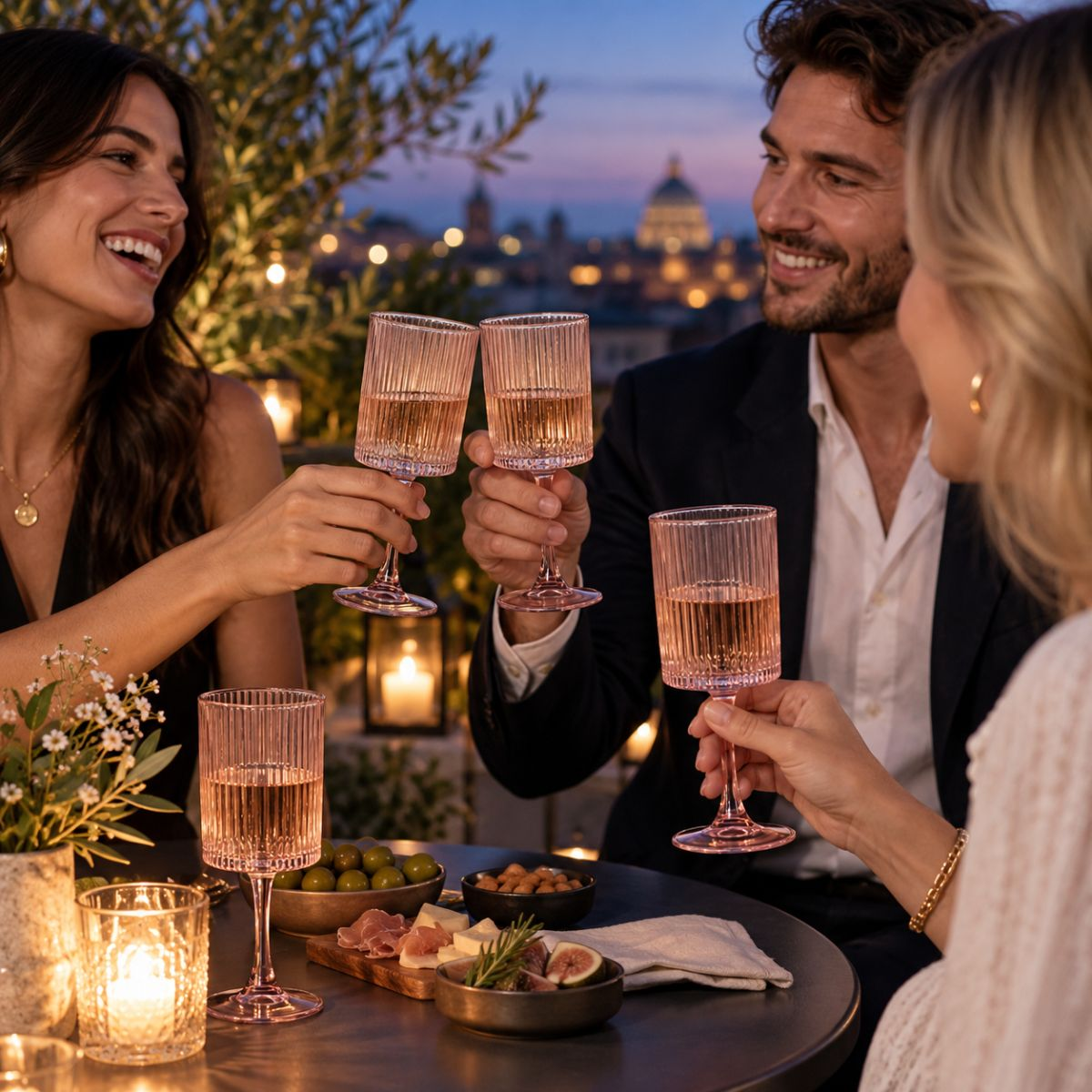 Drei Freunde stoßen bei einem Abendessen auf einer Dachterrasse mit Blick auf die Stadt an.