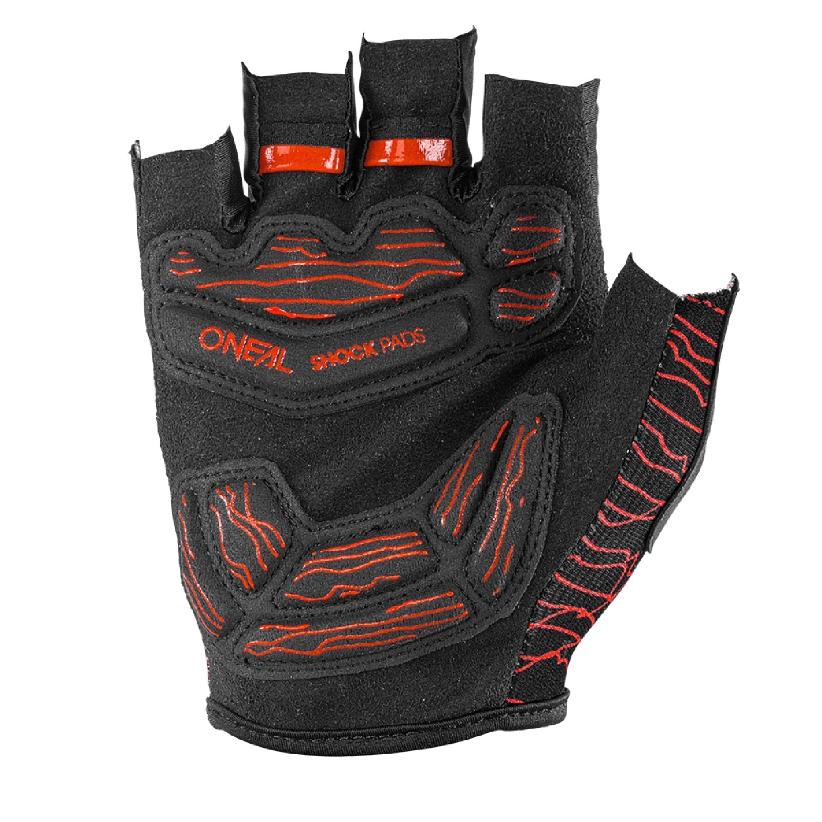 Ein schwarzer fingerloser Radhandschuh mit roten Stoßdämpfern und O'Neal-Logo auf weißem Hintergrund.