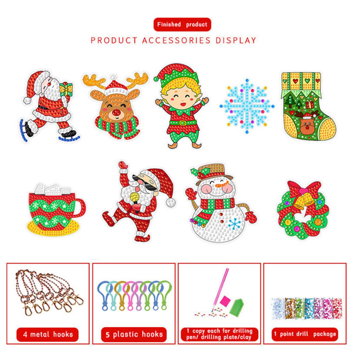Weihnachts-Diamantmalerei-Set mit Figuren, Haken, Stift und Glitzersteinen.