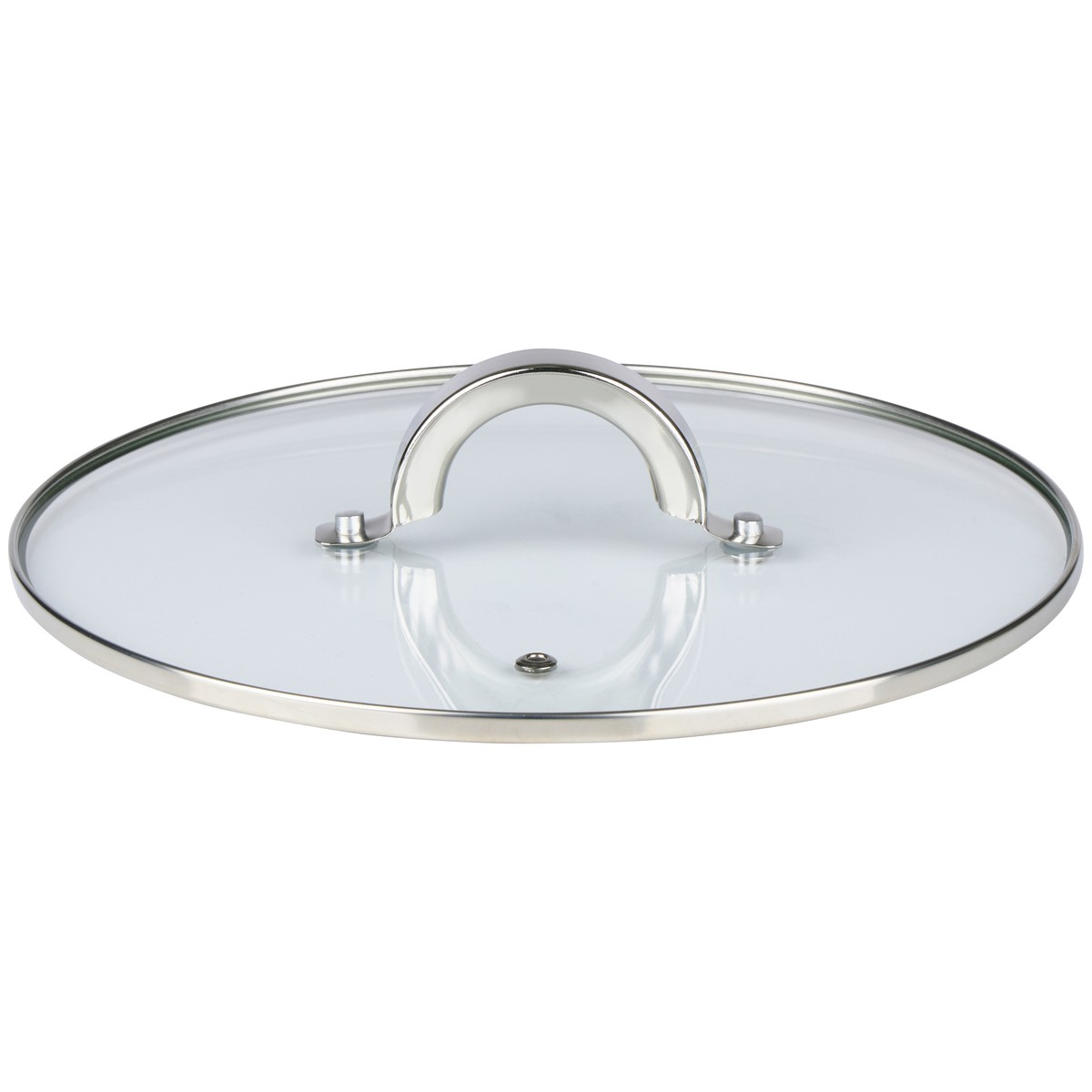 Runder Glasdeckel mit Edelstahlrand und silbernem Bogengriff auf weißem Hintergrund.