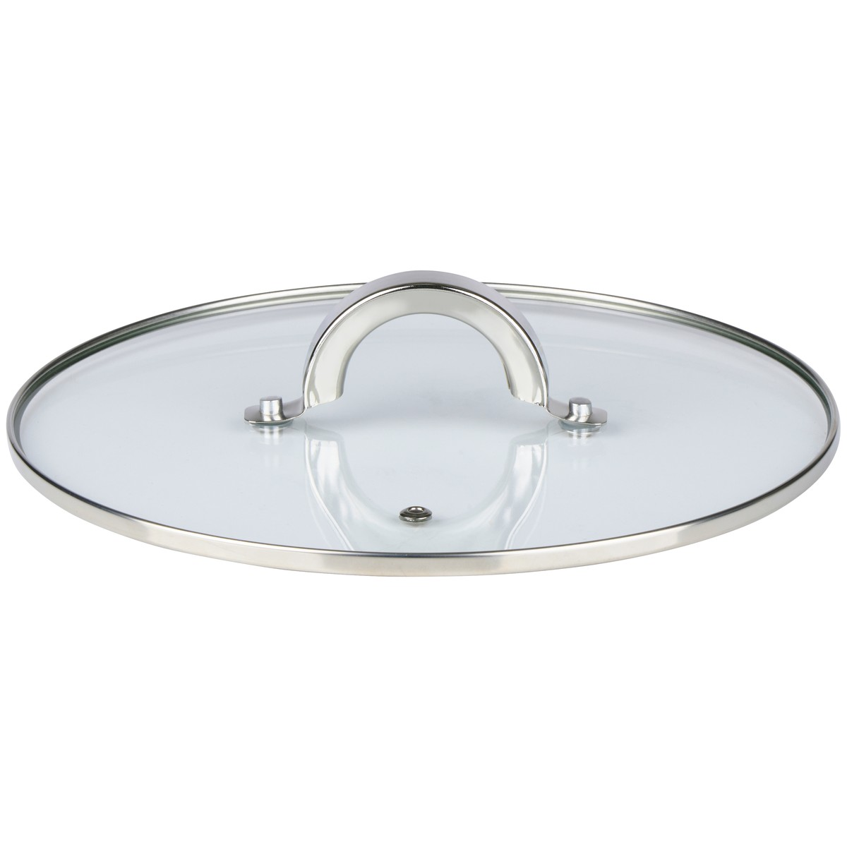 Runder Glasdeckel mit Edelstahlrand und silbernem Metallgriff auf weißem Hintergrund.