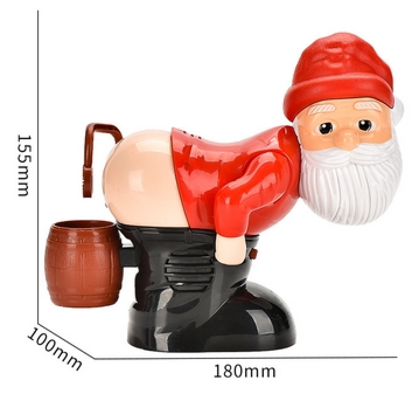Ein lustiges Spielzeug eines Santa Claus mit herabgelassener Hose, der sich über ein kleines Fass beugt.