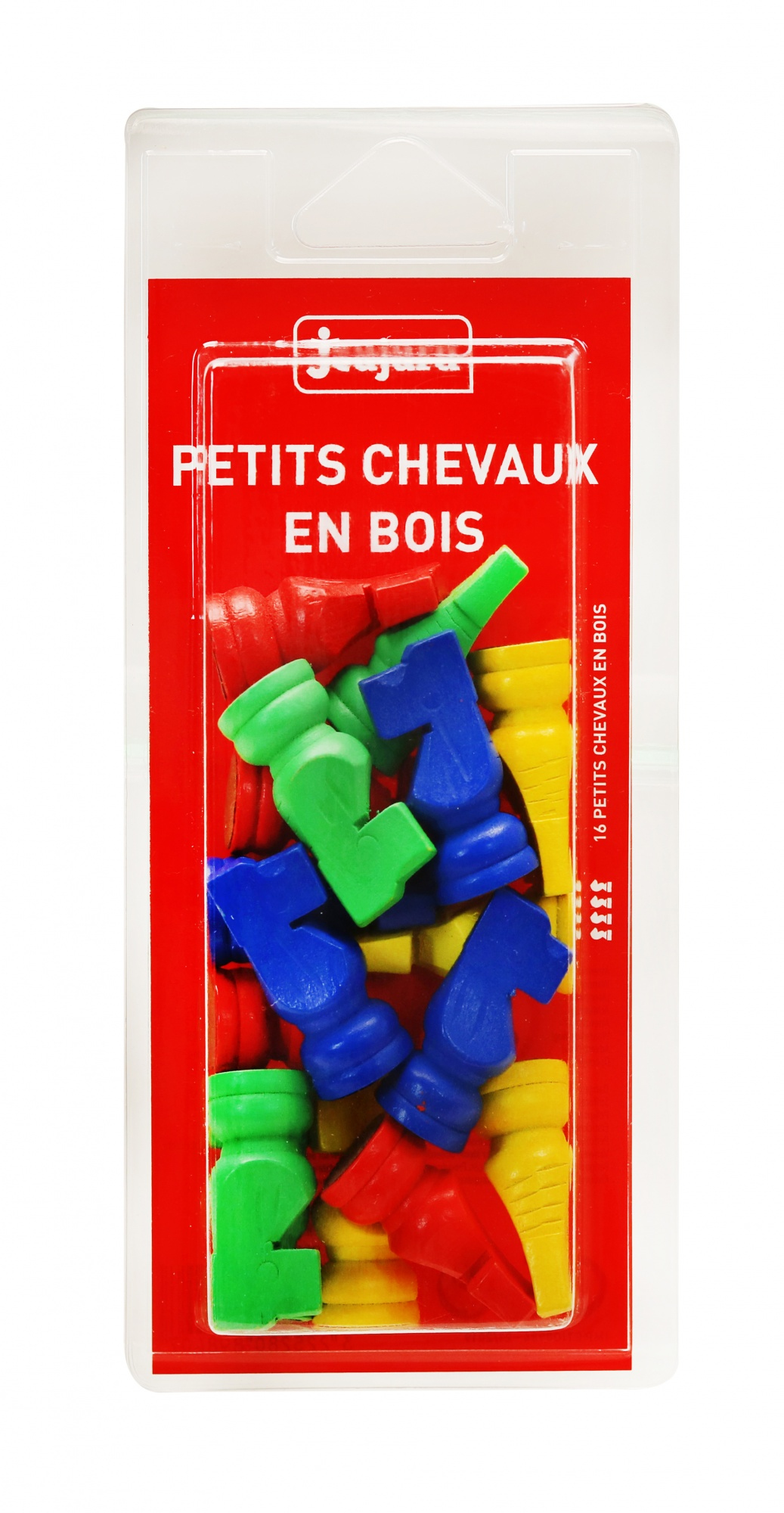 Eine versiegelte Packung roter, grüner, blauer und gelber Holzpferdespielfiguren vor rotem Hintergrund.