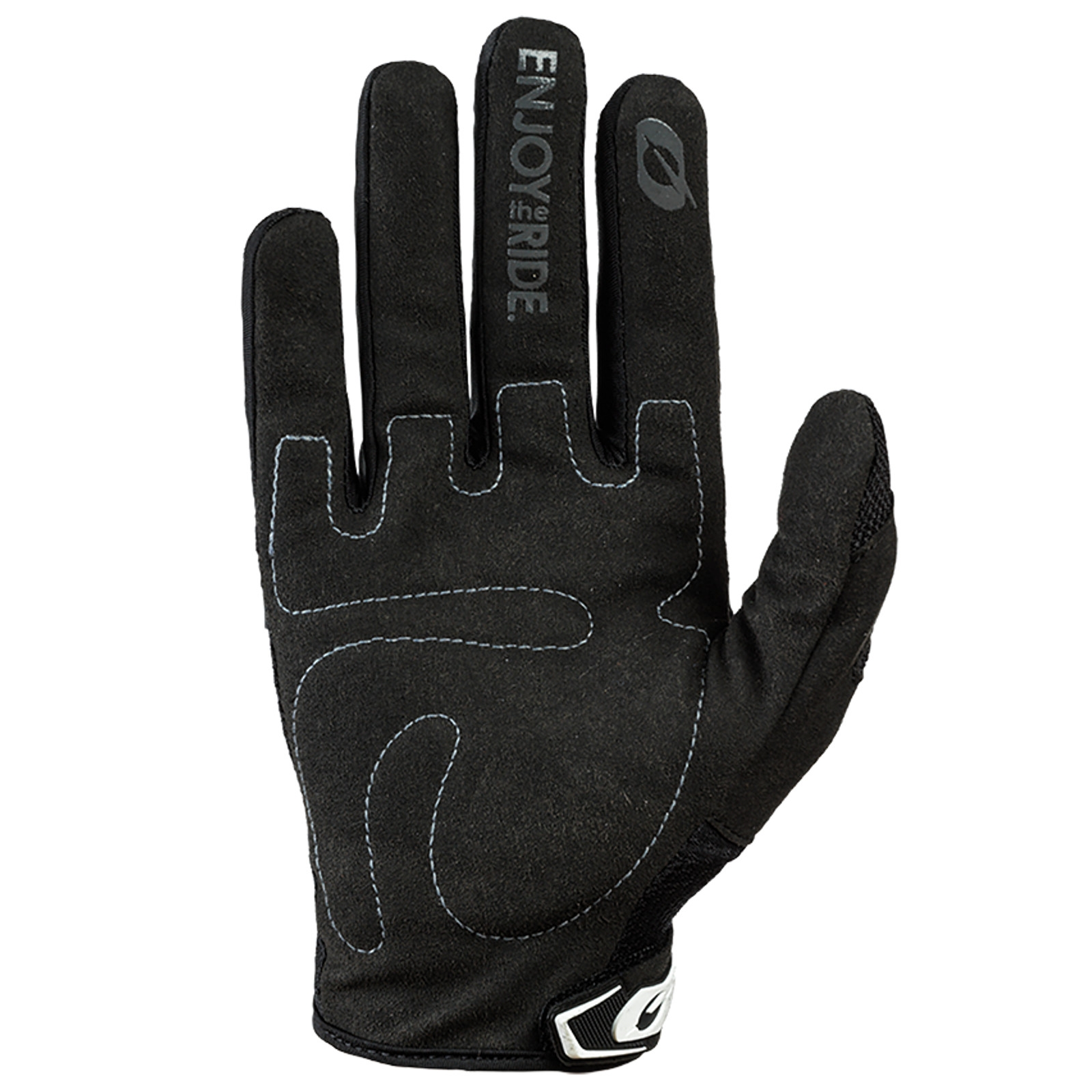 Schwarzer Handschuh mit hellen Nähten, der Inschrift ENJOY THE RIDE auf dem Mittelfinger und einem weißen Logo.