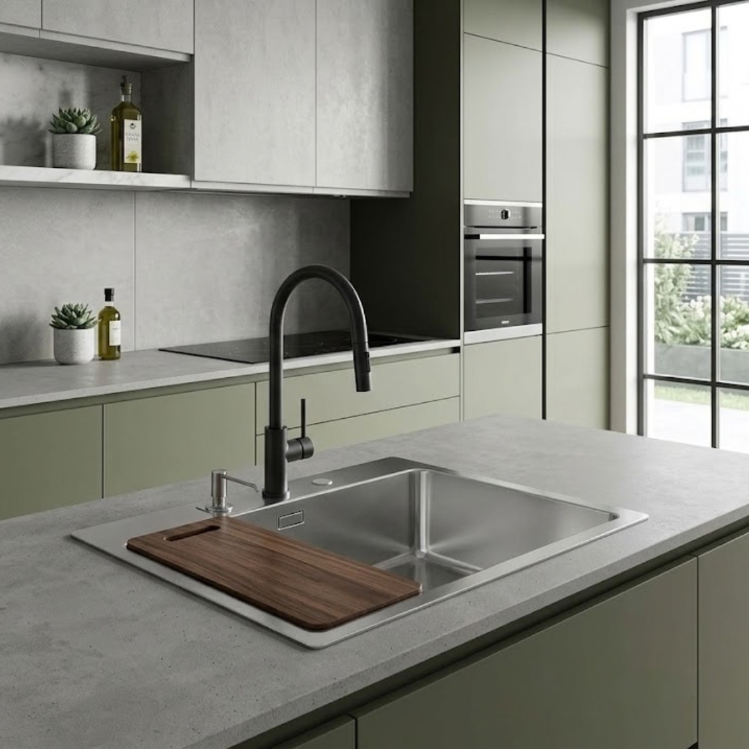 Una cucina moderna con lavello in acciaio, rubinetto nero, tagliere in legno, piani di lavoro grigi e mobili verdi.