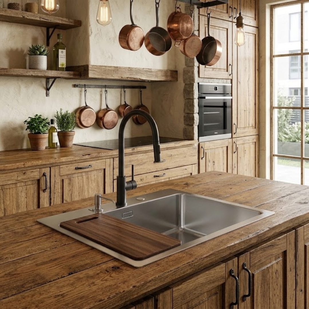Cucina rustica con isola in legno, lavello, padelle sospese, forno e mensole illuminate.