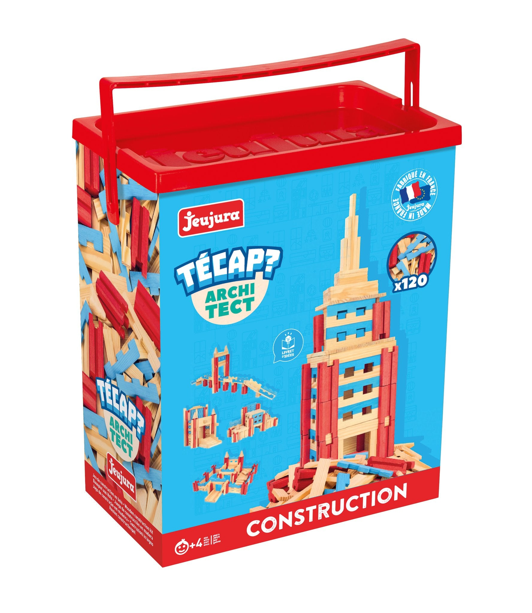 Blaue Jeujura TÉCAP? Architect Holzbaukasten-Box mit rotem Deckel und Henkel.
