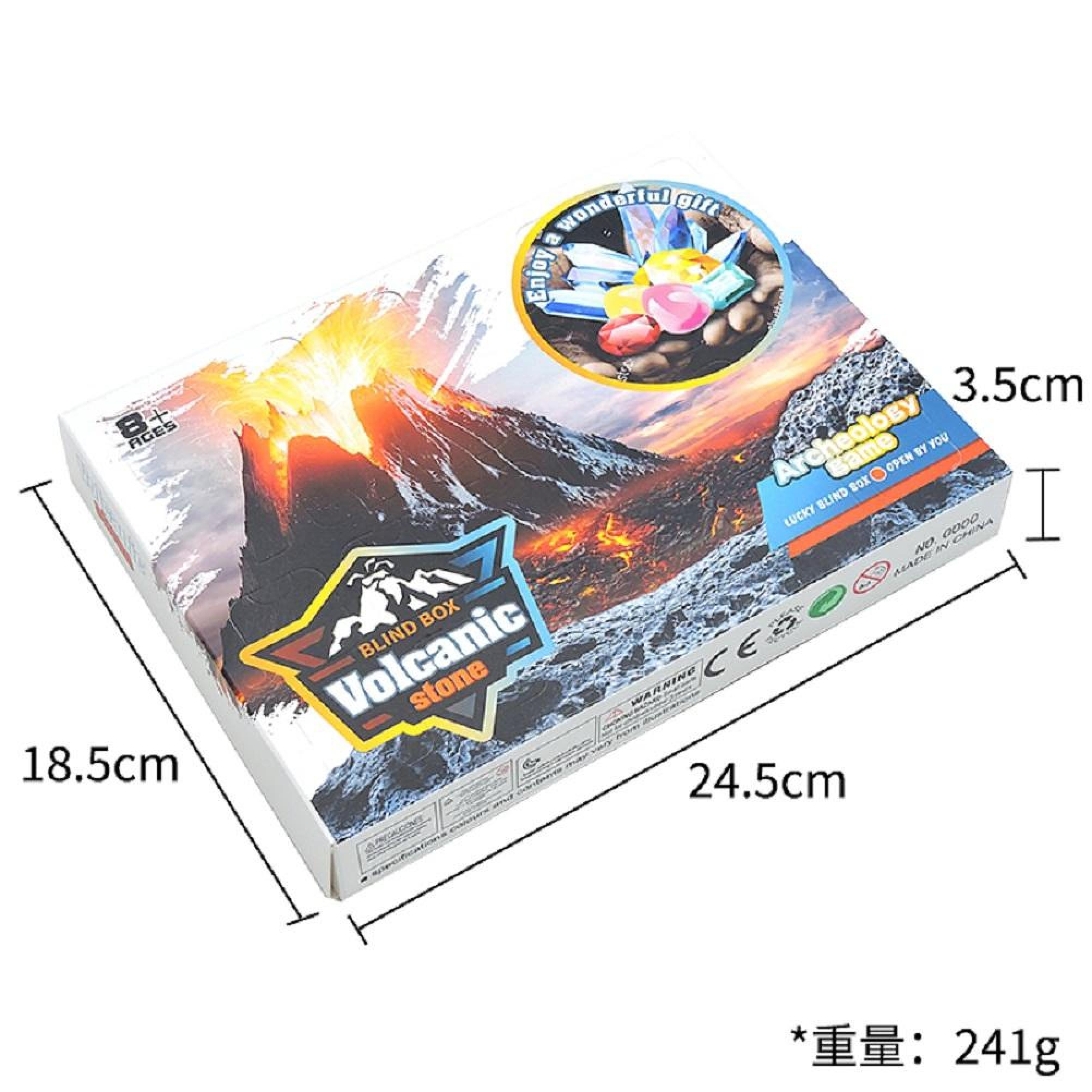 Verpackung eines Volcanic Stone Archäologie-Spielzeugs mit Maßangaben von 24,5 x 18,5 x 3,5 cm und einem Gewicht von 241g.
