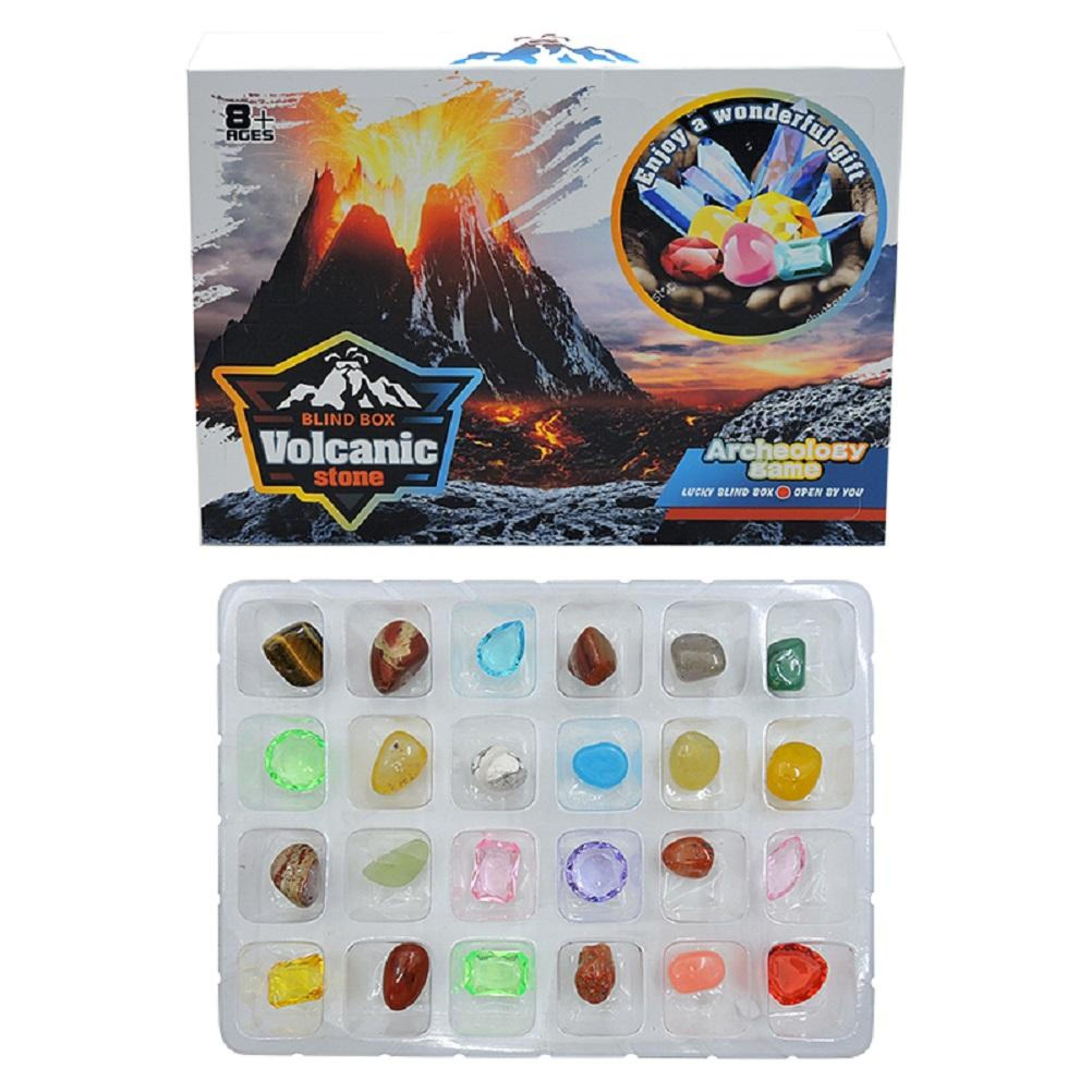 Volcanic Stone Archäologie-Spiel-Box mit einem Set aus 24 bunten Mineralien und Edelsteinen in Plastikverpackung.