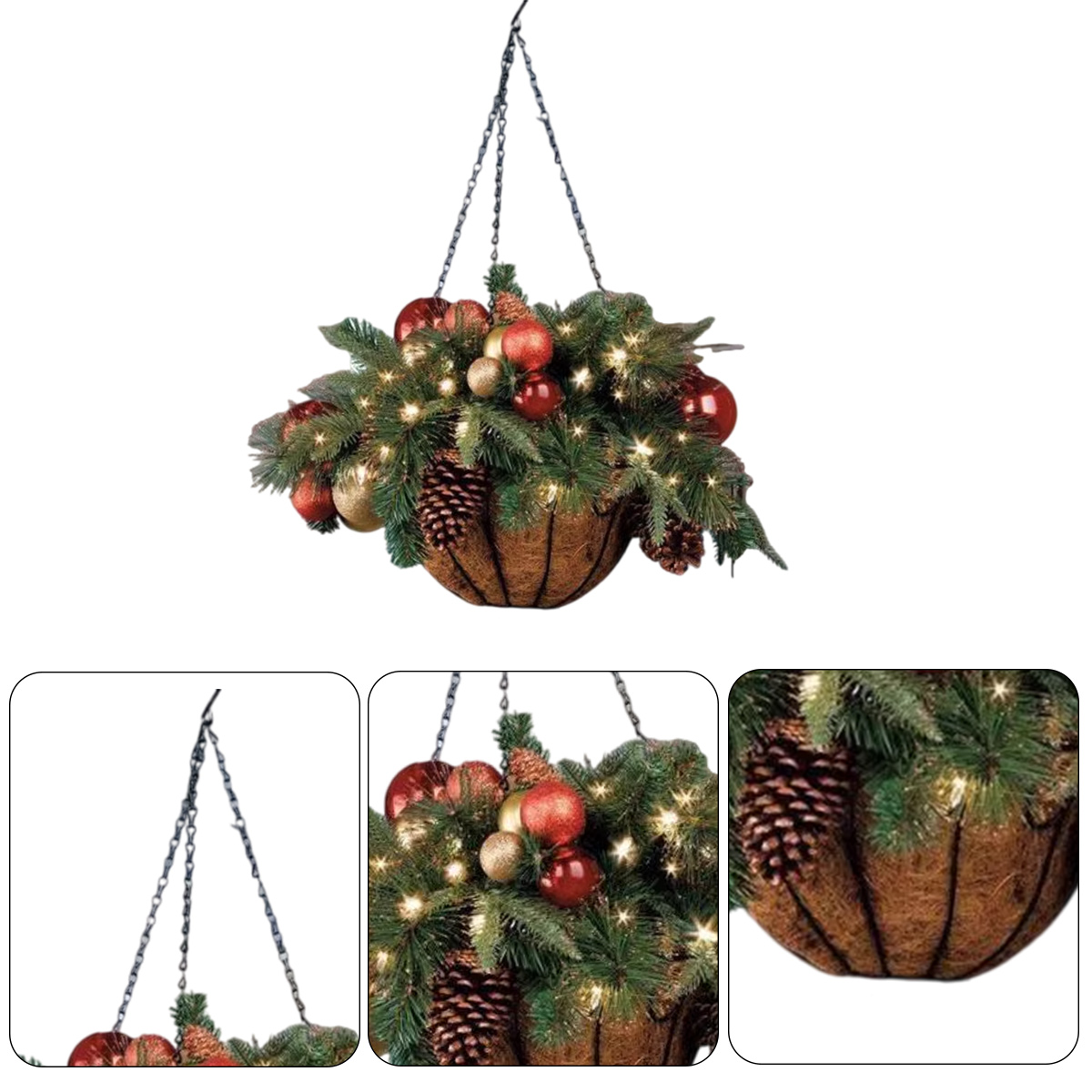 Hängender Weihnachtskorb mit Tannenzweigen, roten und goldenen Kugeln, Zapfen und Lichtern an Ketten.