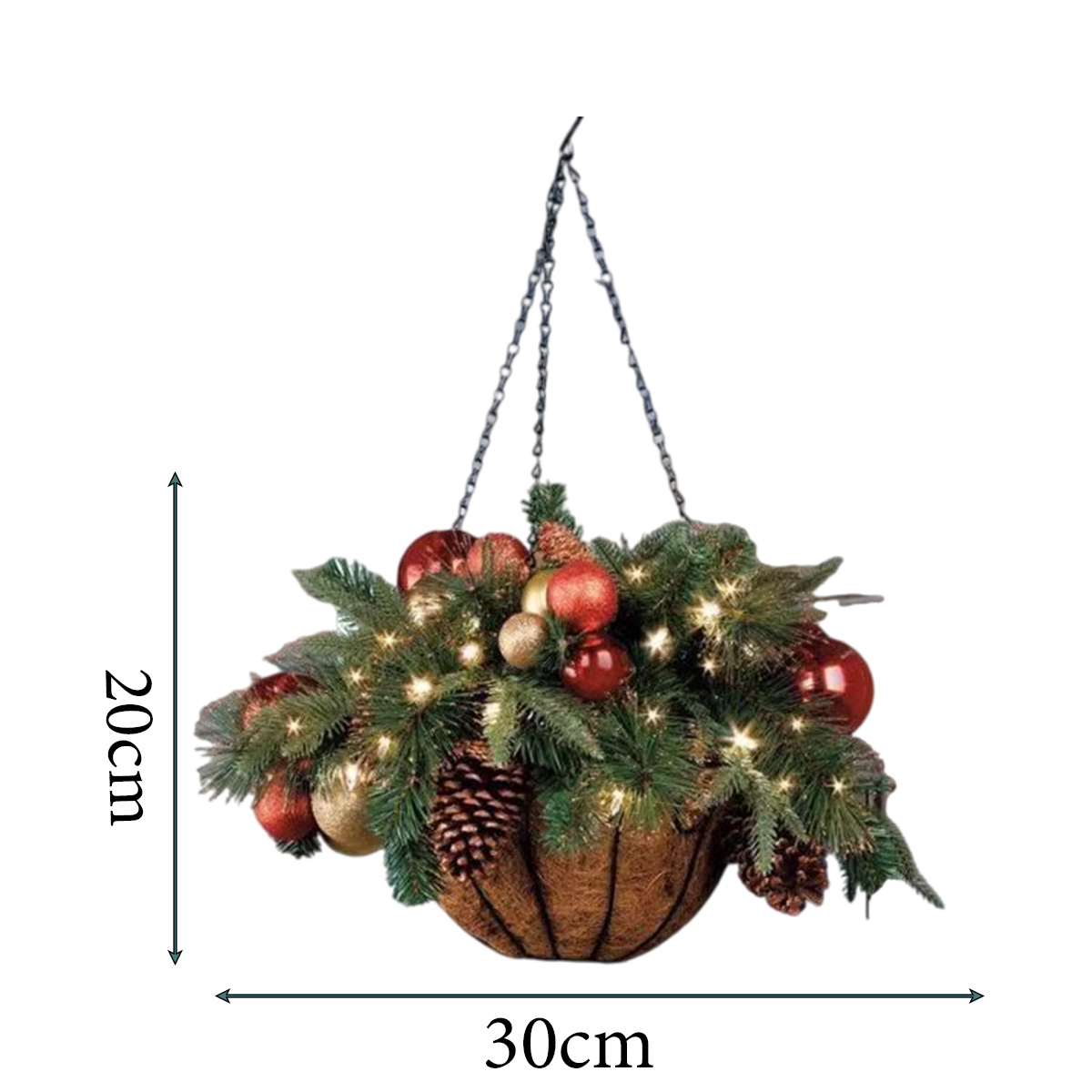 Hängender Weihnachts-Blumentopf mit Tannengrün, roten und goldenen Kugeln, Zapfen und Lichtern.