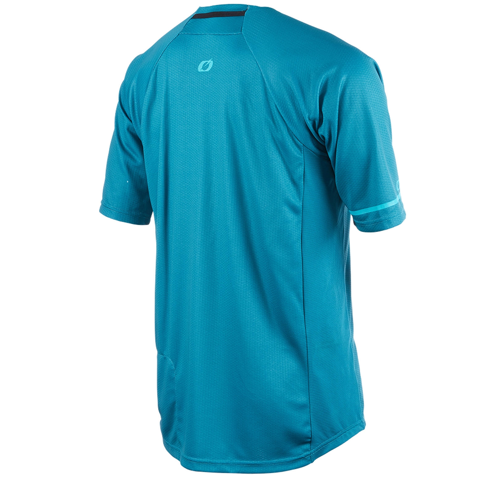 Türkisfarbenes Kurzarm-Sportshirt von hinten auf weißem Hintergrund.