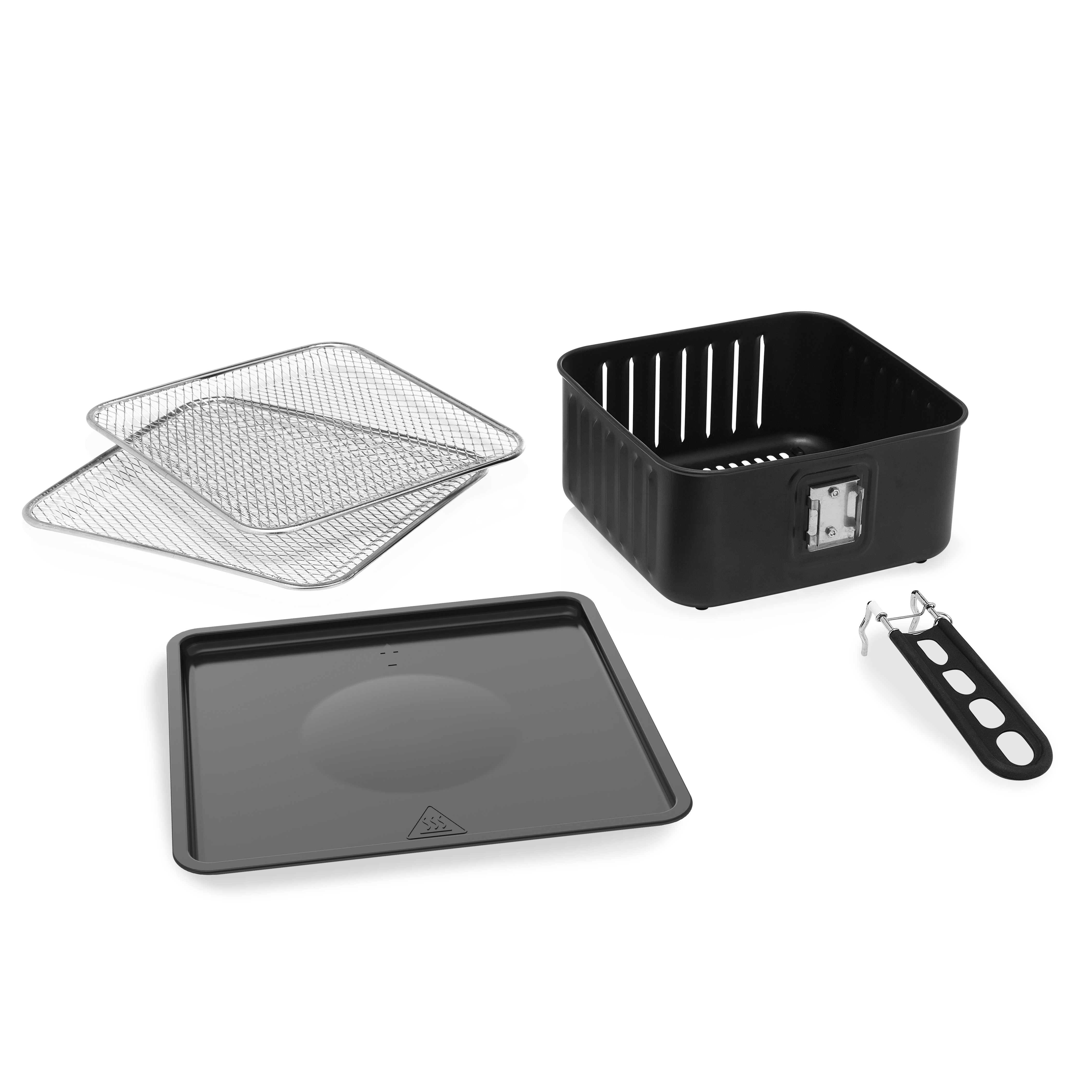 Schwarzes Heißluftfritteusen-Zubehörset mit Korb, zwei Gitterrosten, Backblech und abnehmbarem Griff auf weißem Grund.