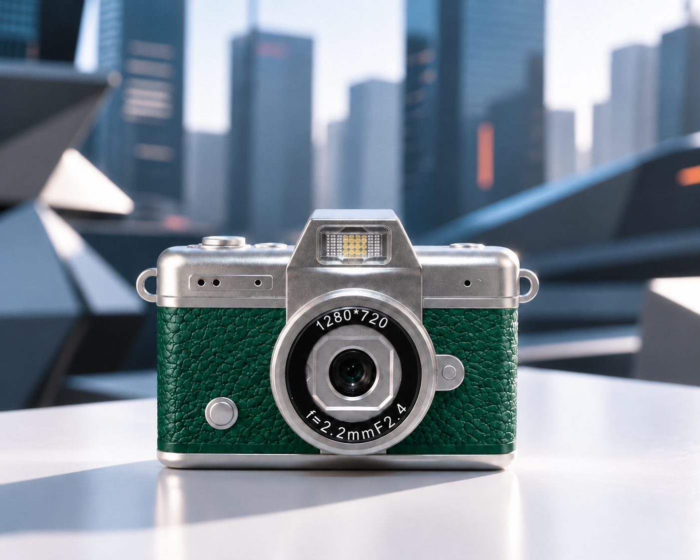 Una cámara retro verde y plateada con flash LED frente a un horizonte urbano moderno.