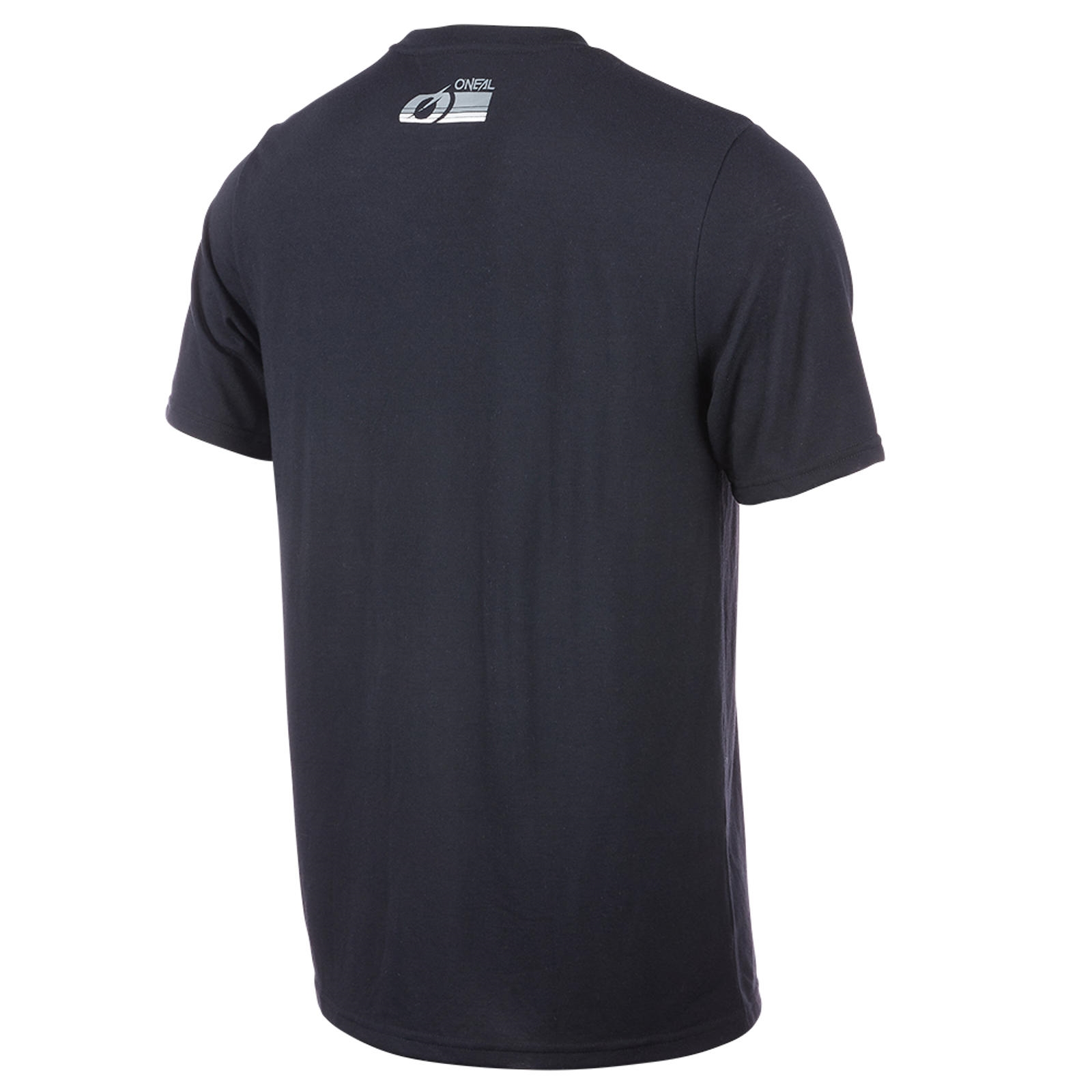 Rückansicht eines schwarzen O'Neal Kurzarm-T-Shirts mit einem kleinen grauen Markenlogo am Halsausschnitt auf weißem Grund.