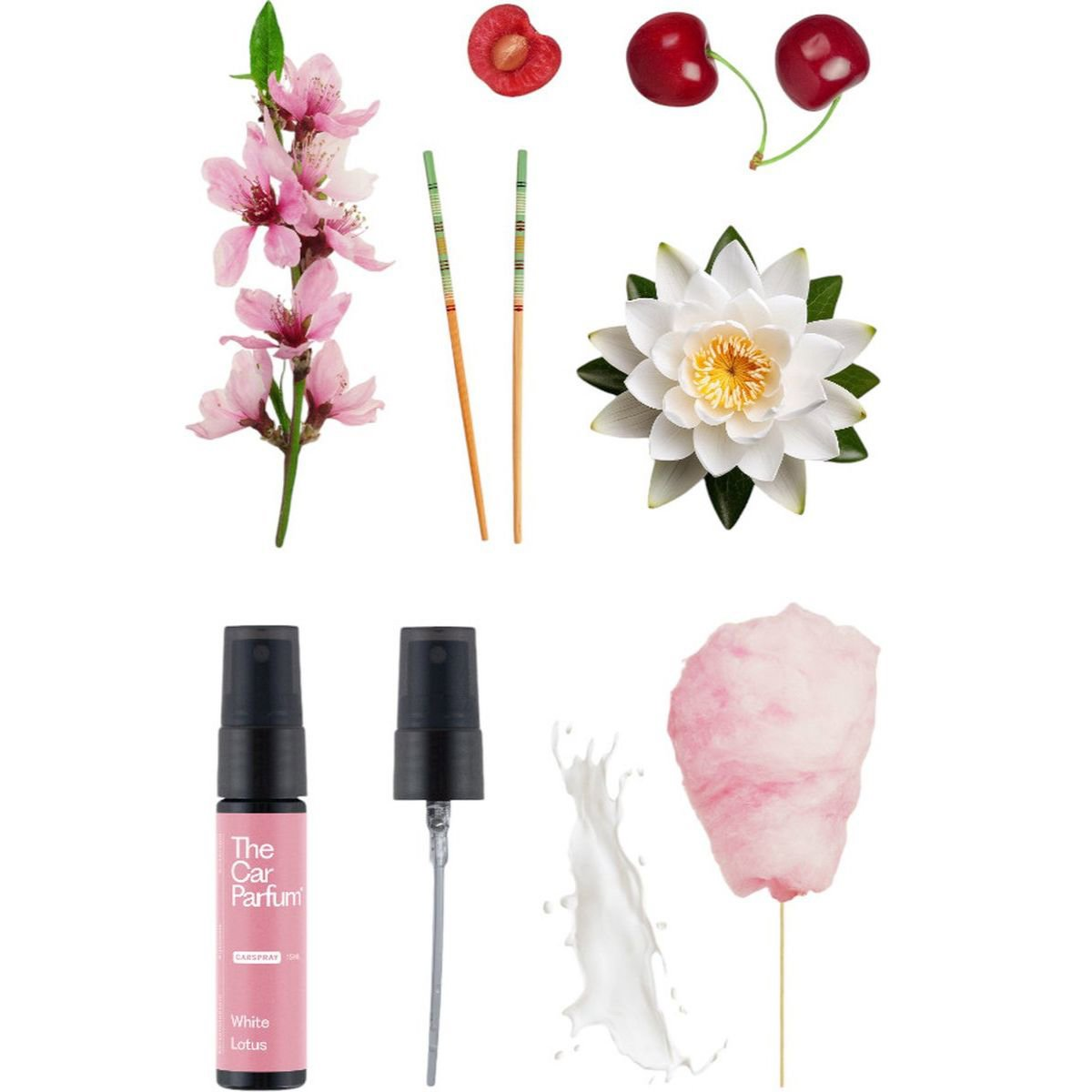 Een autoparfumspray, kersen, roze bloesems, een witte waterlelie, melkspetters en suikerspin op een witte achtergrond.