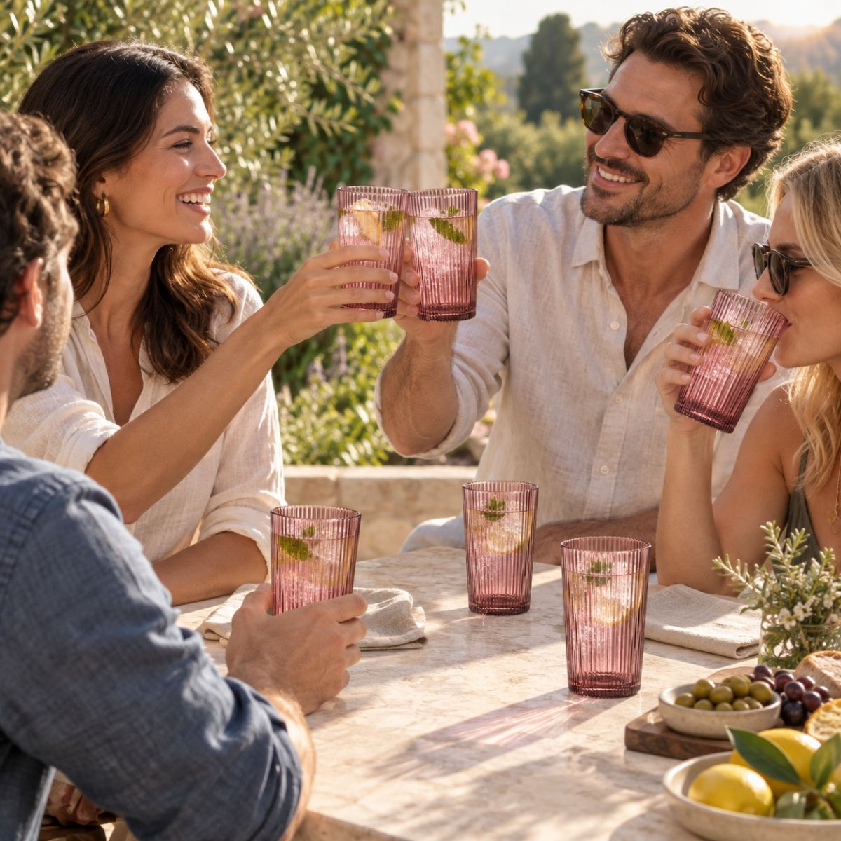 Vier Freunde stoßen an einem sonnigen Tisch im Freien mit rosa Gläsern an.